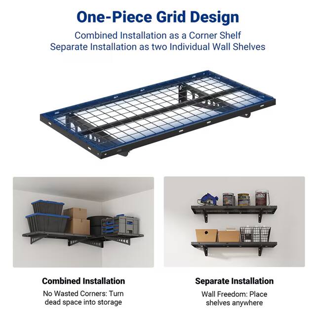 One-Piece Grid Design  
Combined Installation as a Corner Shelf  
Separate Installation as two Individual Wall Shelves  

ROZ  
Combined Installation  
No Wasted Corners: Turn dead space into storage  

Separate Installation  
Wall Freedom: Place shelves anywhere