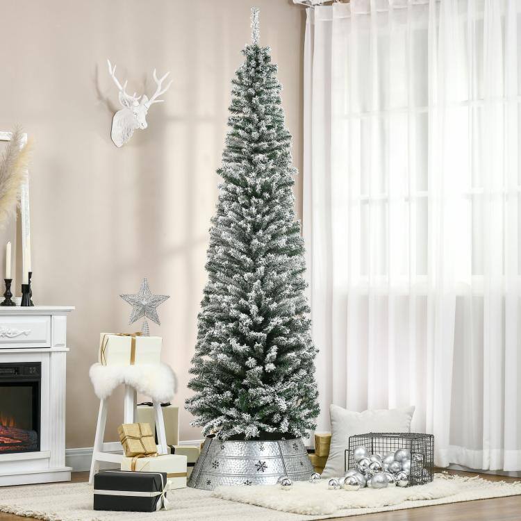 Alt View 2. PULUZ - 7.5ft Flocked Christmas Tree, Pencil Artificial Xmas Tree with Faux Snow, Dense Branches, Foldable Metal Base for Indoor - Green.