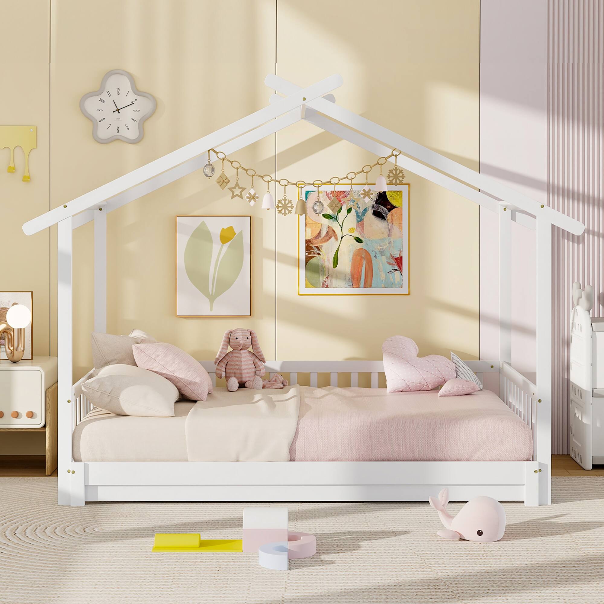 Alt View 3. Gymax - Gymax Wooden House Bed Twin to King Daybed w/ Safety Rails & Decorable Roof White - White.