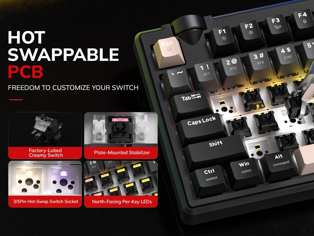HOT SWAPPABLE PCB  
FREEDOM TO CUSTOMIZE YOUR SWITCH

Esc  
Tab  
1 ! BT1  
F1 2 BT2  
F2 3 # BT3  
F4 F3 5 G 4 $ 2.4G  
Caps Lock  
Factory-Lubed Creamy Switch  
Plate-Mounted Stabilizer  
Shift Ctrl control  
Win option  
Alt command  
3/5Pin Hot-Swap Switch Socket  
North-Facing Per-Key LEDs