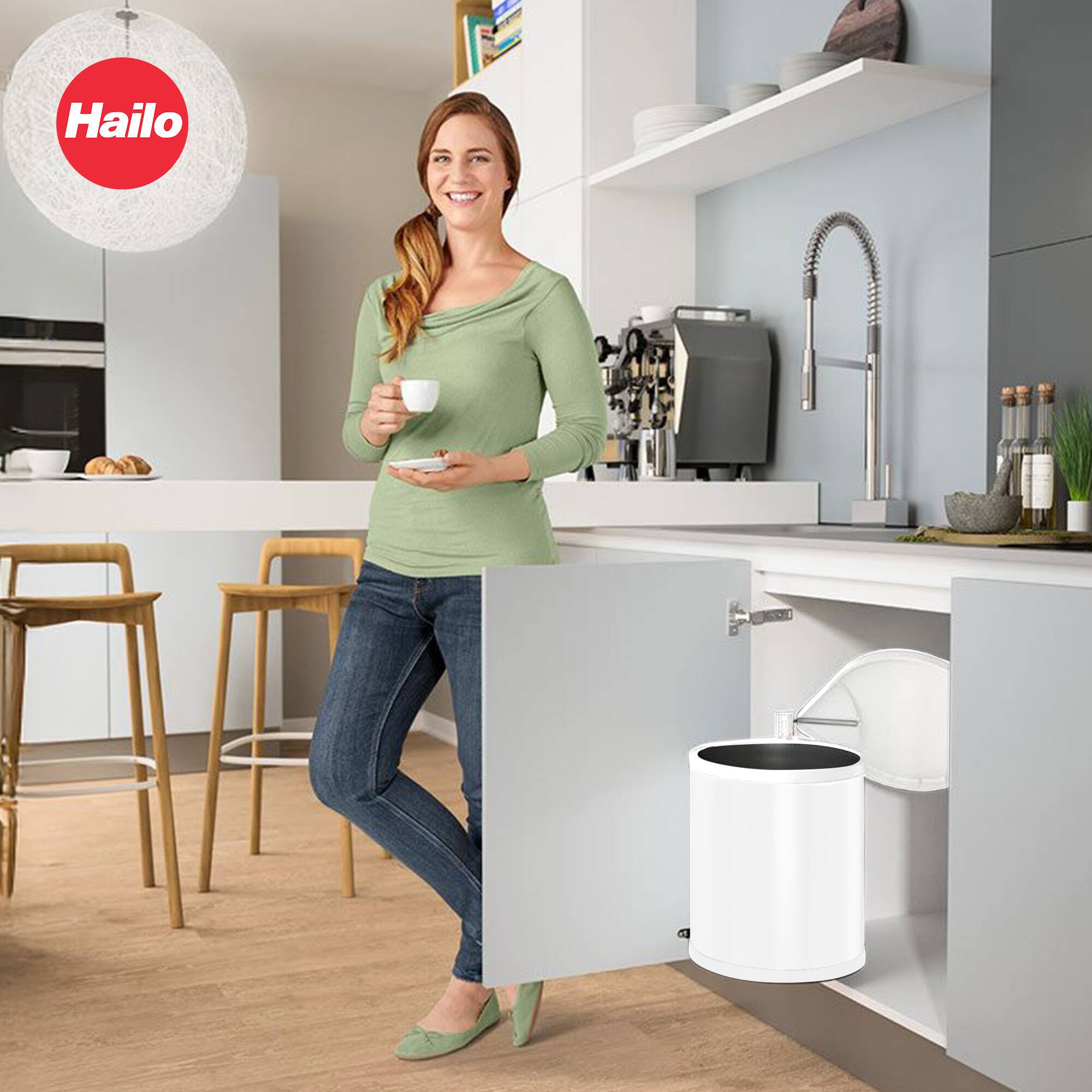 Alt View 5. Hailo - Compact 15L Waste Bin with Lid-Lift System - White.