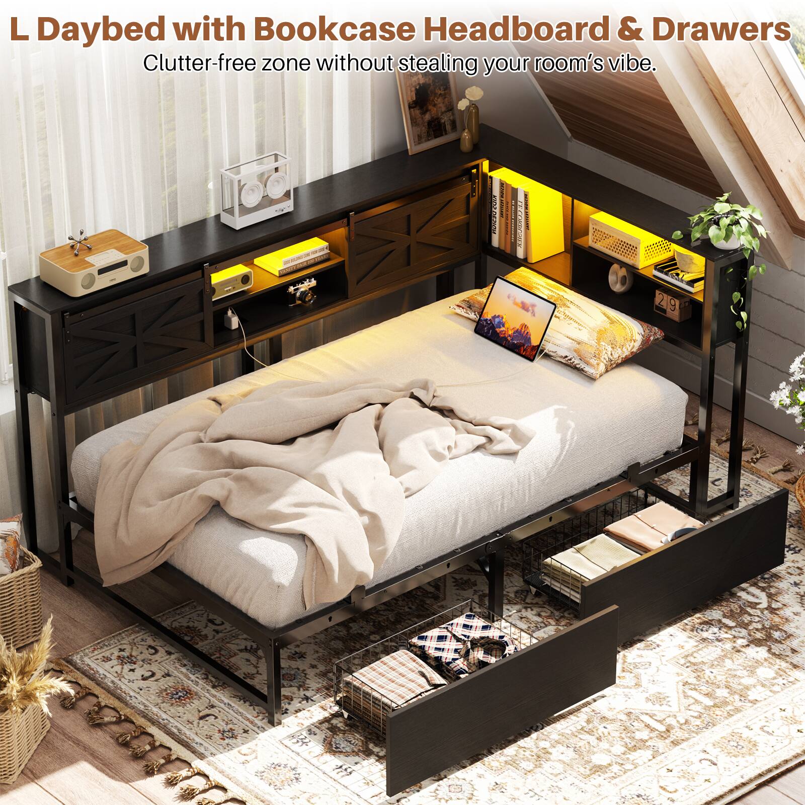 L Daybed with Bookcase Headboard & Drawers  
Clutter-free zone without stealing your room's vibe.