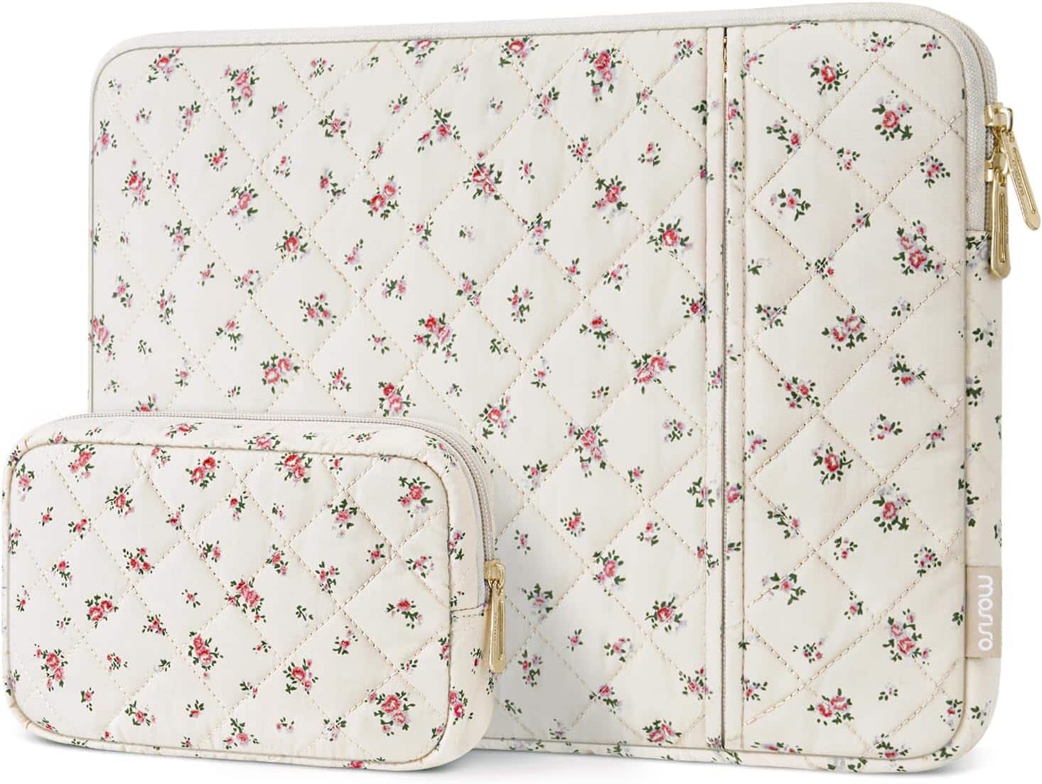 mosiso - Floral Puffy Laptop Sleeve 13.3 Inch, Vertical Laptop Carrying Bag with Small Case for MacBook Air 13.6/Pro 13 14/Neo 13 - Pink