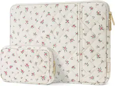 Front. mosiso - Floral Puffy Laptop Sleeve 13.3 Inch, Vertical Laptop Carrying Bag with Small Case for MacBook Air 13.6/Pro 13 14/Neo 13 - Pink.