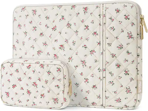 Front. mosiso - Floral Puffy Laptop Sleeve 13.3 Inch, Vertical Laptop Carrying Bag with Small Case for MacBook Air 13.6/Pro 13 14/Neo 13 - Pink.