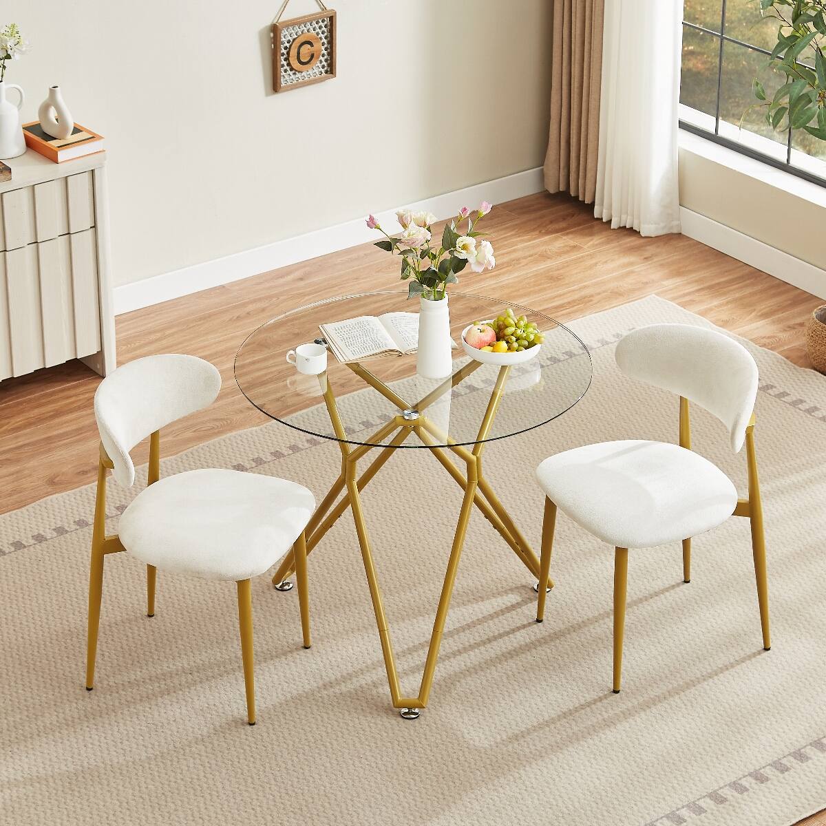 Loheer 35.4 Inch Round Tempered Glass Dining Table with Metal Legs Gold ...