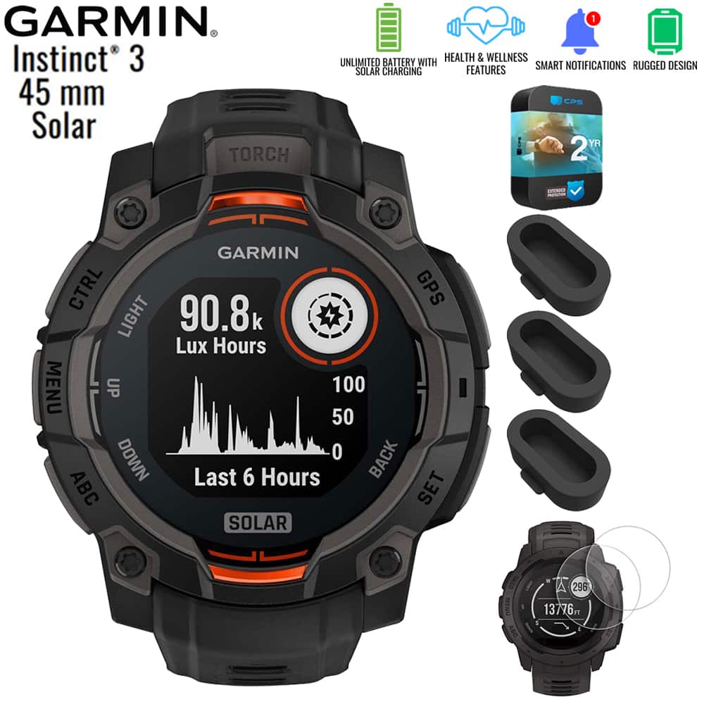 Bundle - Garmin - Instinct 3 GPS Smartwatch SOLAR 45 mm + 2-Year Extended Warranty Protection - Black - (2025)
