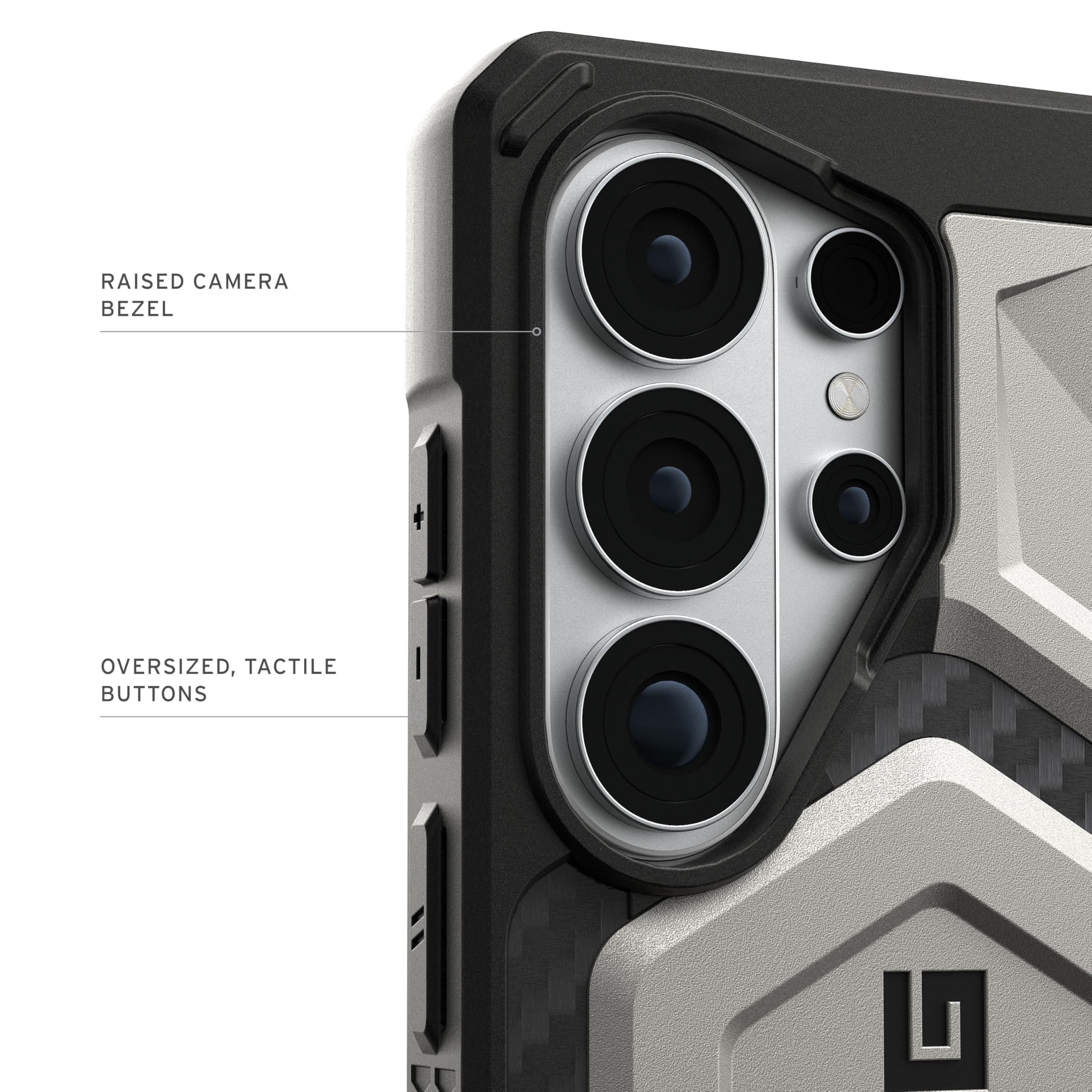 RAISED CAMERA BEZEL  
OVERSIZED, TACTILE BUTTONS