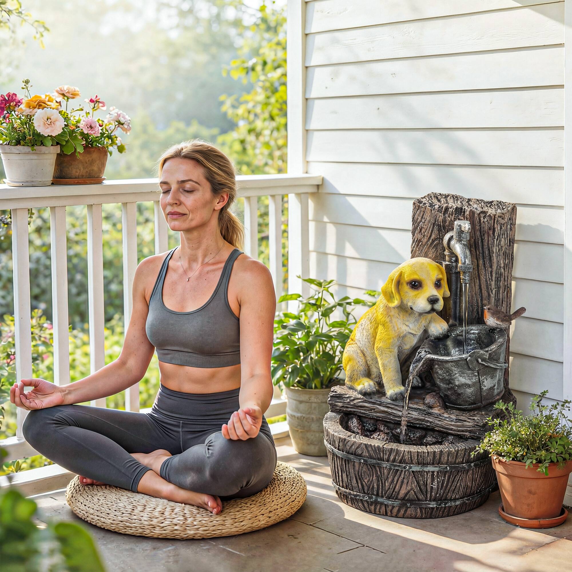 Alt View 7. Outsunny - Outdoor Fountain with 3-Tier Puppy Theme, Resin Garden Fountain with LED Lights, Adjustable Flow - Rustic Brown, Yellow.