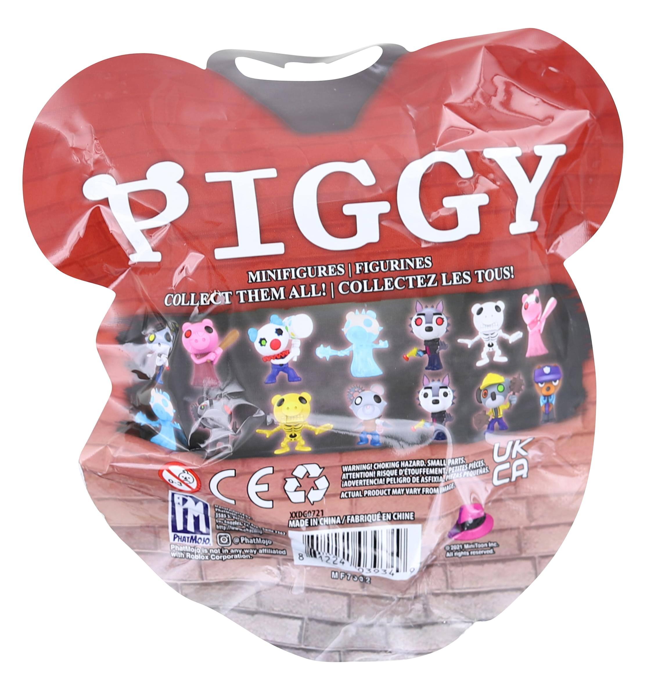 PIGGY  
MINIFIGURES | FIGURINES  
COLLECT THEM ALL! | COLLECTEZ LES TOUS!  

WARNING! CHOKING HAZARD: SMALL PARTS.  
ATTENTION RISQUE D'ÉTOUFFEMENT.  
ADVERTENCIA: PELIGRO DE ASFIXIA.  
ACTUAL PRODUCT MAY VARY FROM PACKAGING.  

MADE IN CHINA  
FABRIQUÉ EN CHINE  

PhatMojo  
© 2019 PhatMojo  
PhatMojo is not in any way affiliated with Roblox Corporation.  

PM  
CE  
UK  
CA  

XXDC0721  
8 12243 01432 2
