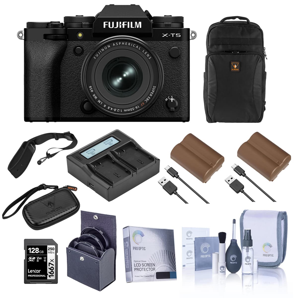 Bundle - Fujifilm - X-T5 Mirrorless Camera, Black with XF 16-50mm f/2.8-4.8 R LM WR Lens, with 128GB Memory Card, Backpack,