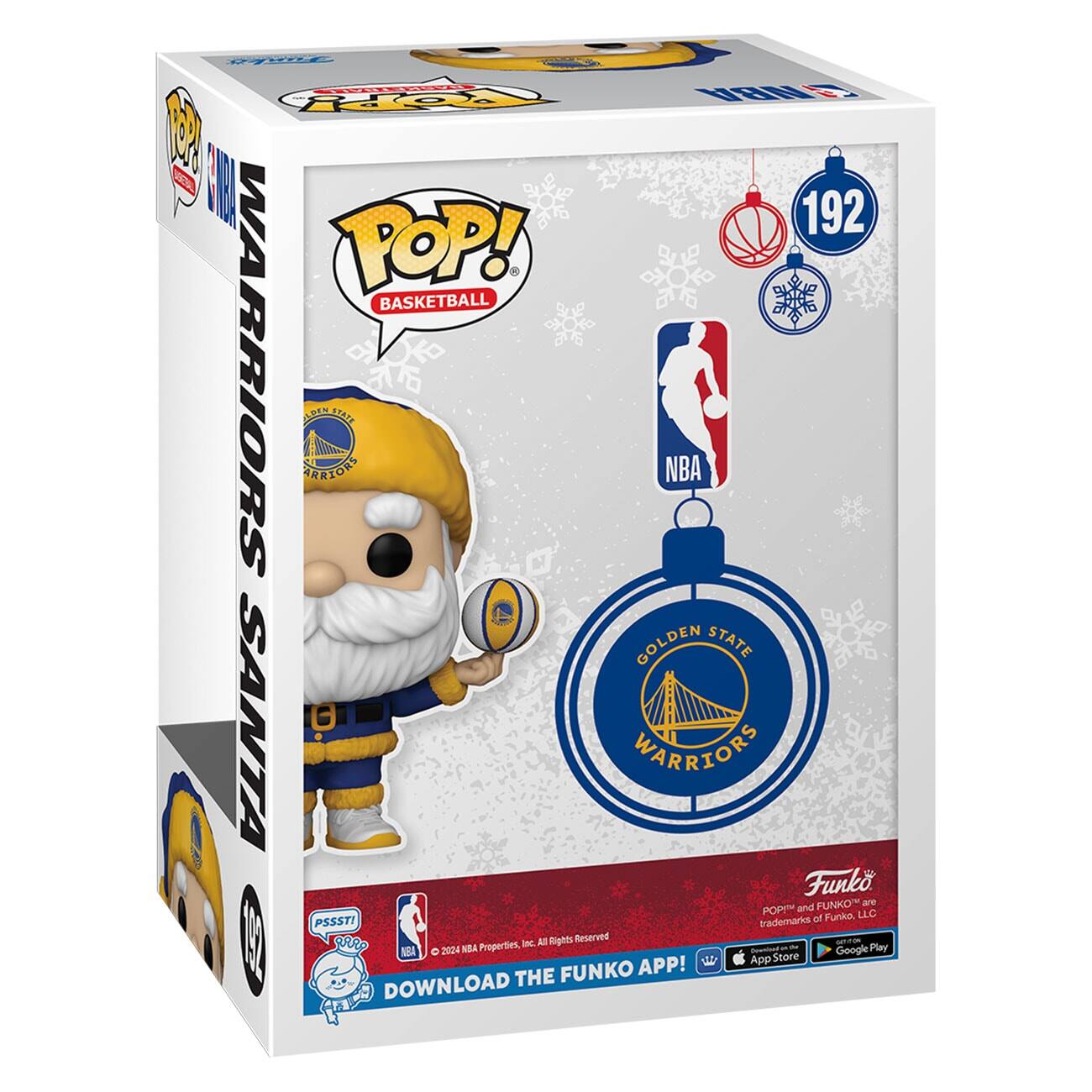 Sure, here is the corrected and grouped text from the image:

---

**Front:**

- POP! BASKETBALL
- WARRIORS SANTA
- NBA
- GOLDEN STATE WARRIORS
- 192
- PSSST! (with a speech bubble)
- DOWNLOAD THE FUNKO APP!
- © 2024 NBA Properties, Inc. All Rights Reserved
- POP! and FUNKO are trademarks of Funko, LLC
- App Store Google Play

**Side:**

- WARRIORS SANTA
- NBA
- GOLDEN STATE WARRIORS
- 192

**Top:**

- POP! BASKETBALL
- WARRIORS SANTA
- NBA
- GOLDEN STATE WARRIORS
- 192

**Bottom:**

- © 2024 NBA Properties, Inc. All Rights Reserved
- POP! and FUNKO are trademarks of Funko, LLC
- App Store Google Play

---