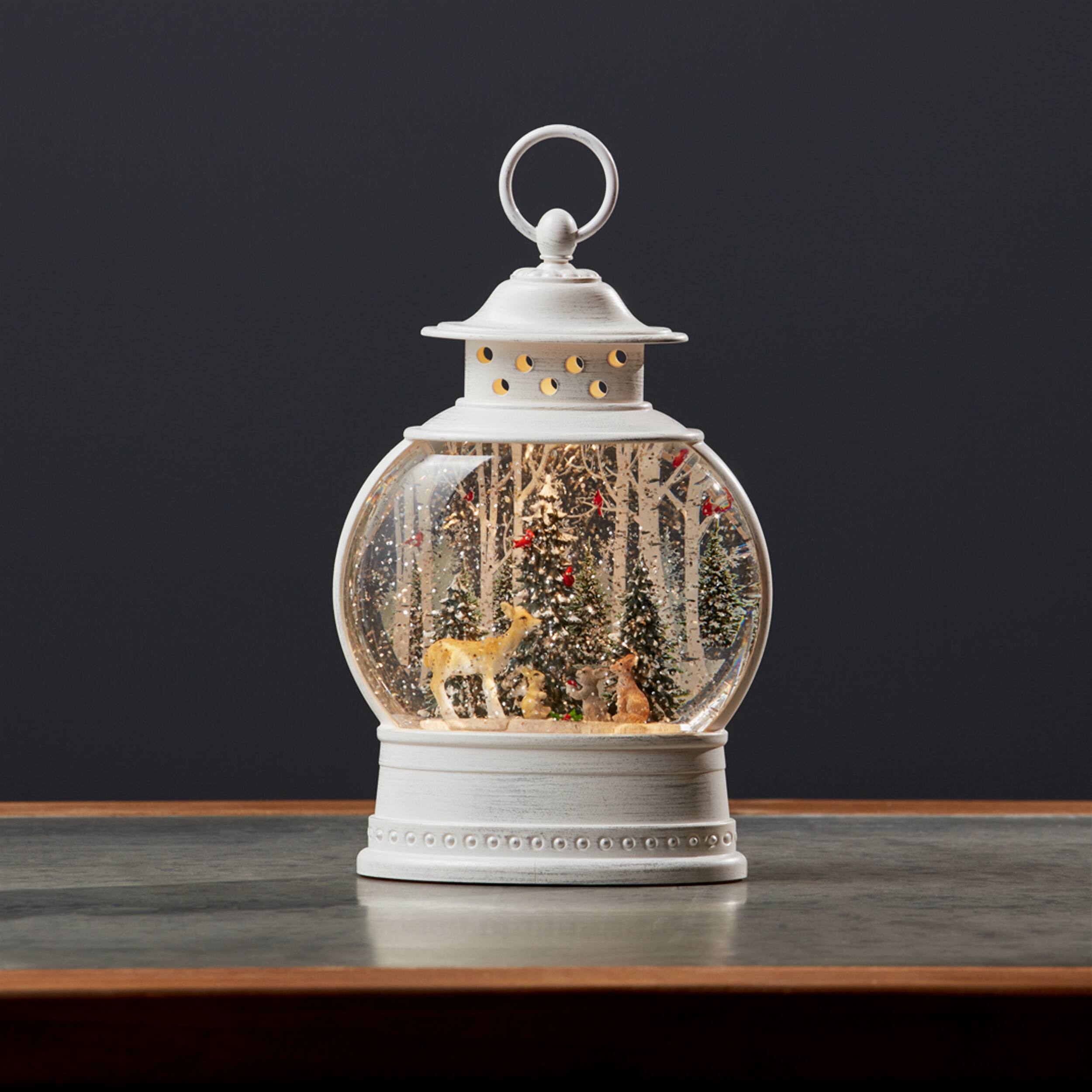 Angle. BreeBe - LED Snow Globe Ball with Woodland Deer Scene 11.5"H - White, Brown, Red.