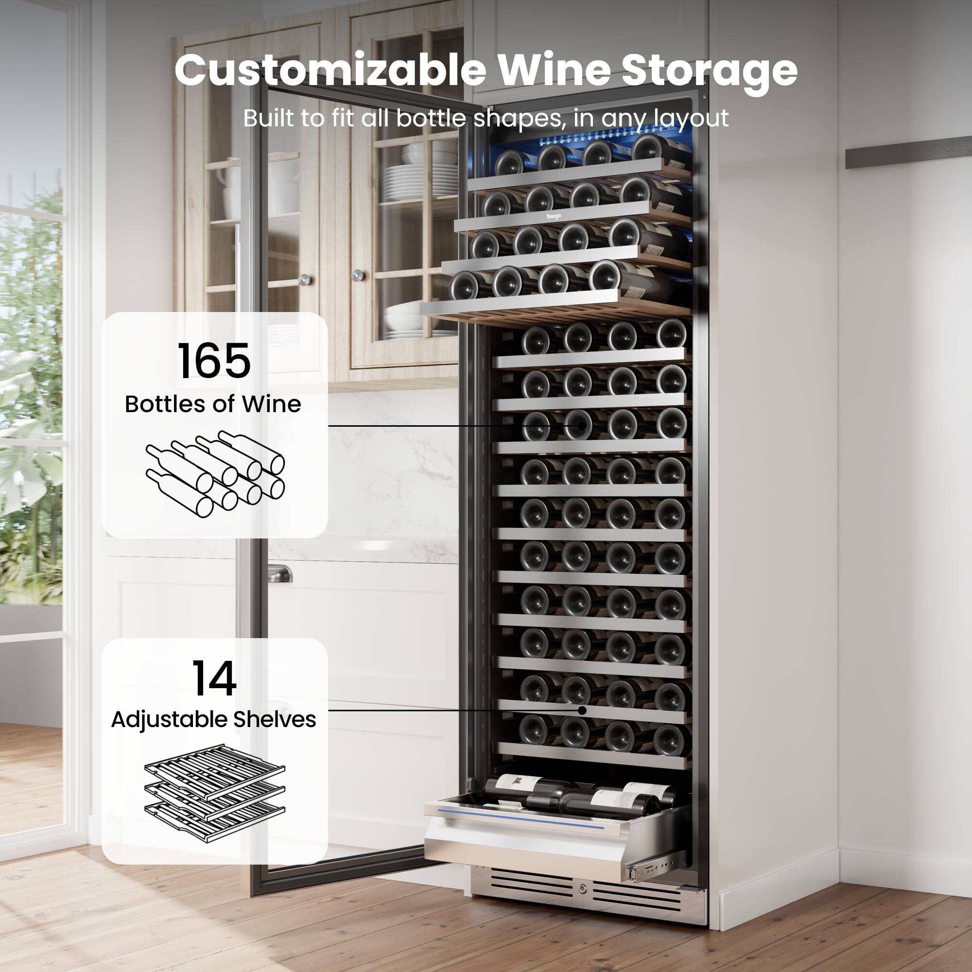 Customizable Wine Storage  
Built to fit all bottle shapes, in any layout  

165 Bottles of Wine  

14 Adjustable Shelves