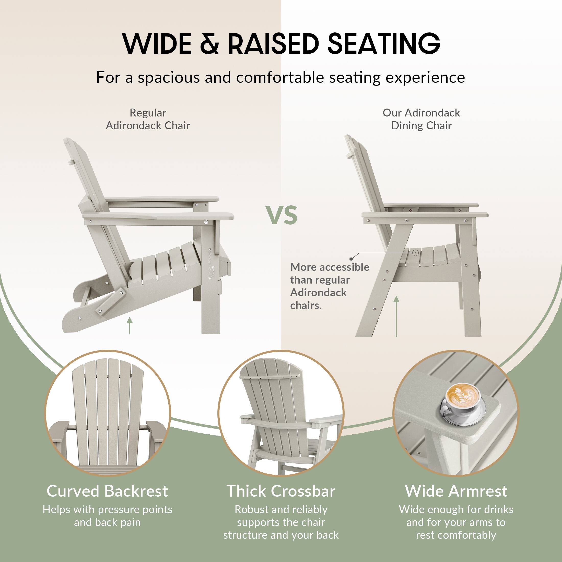 WIDE & RAISED SEATING  
For a spacious and comfortable seating experience

Regular Adirondack Chair  
VS  
Our Adirondack Dining Chair

- More accessible than regular Adirondack chairs.

- Curved Backrest  
  Helps with pressure points and back pain

- Thick Crossbar  
  Robust and reliably supports the chair structure and your back

- Wide Armrest  
  Wide enough for drinks and for your arms to rest comfortably