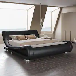 Hivvago - Full Modern Upholstered Platform Bed Frame with Sleigh Curved Headboard - Black