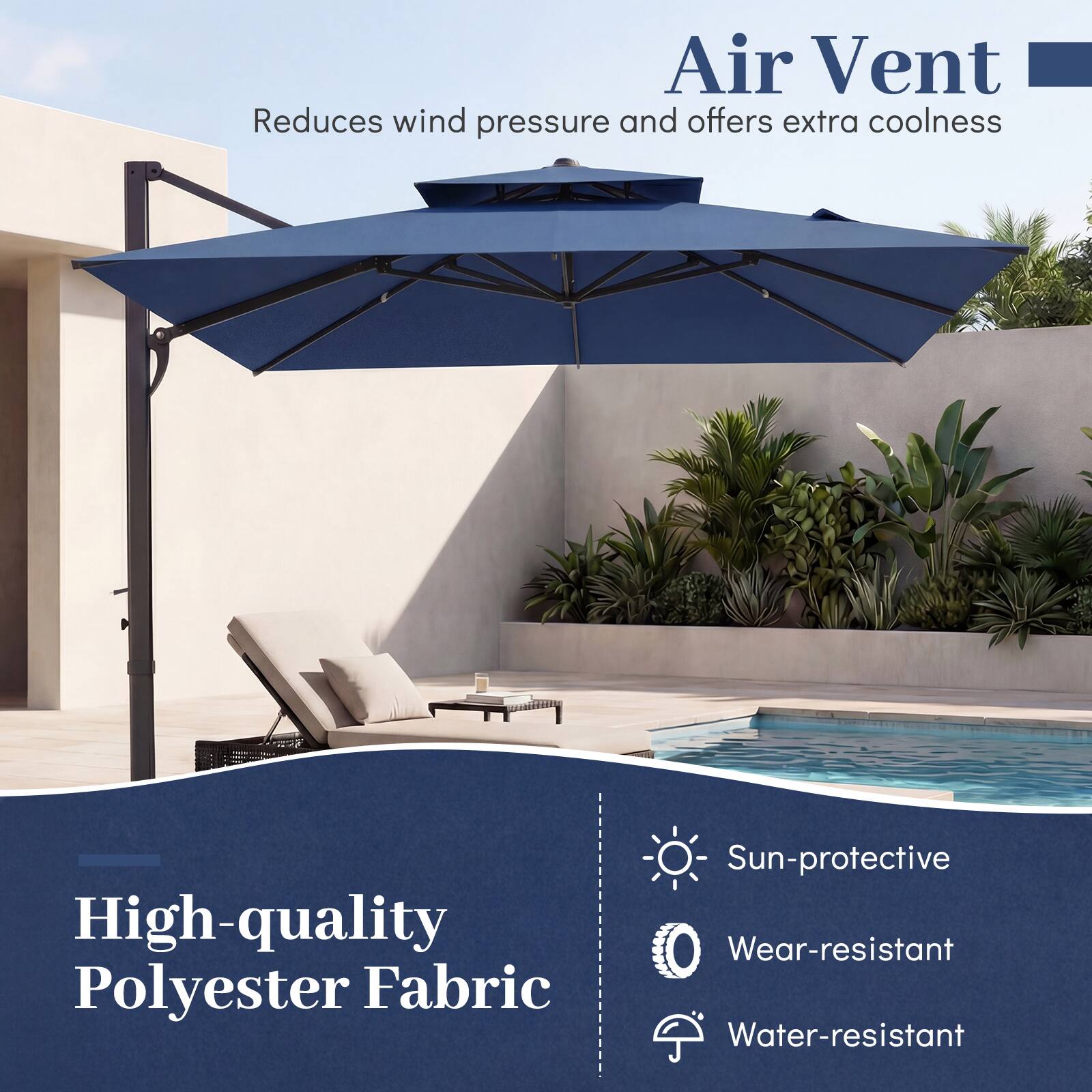 Air Vent  
Reduces wind pressure and offers extra coolness  

High-quality Polyester Fabric  
Sun-protective  
Wear-resistant  
Water-resistant