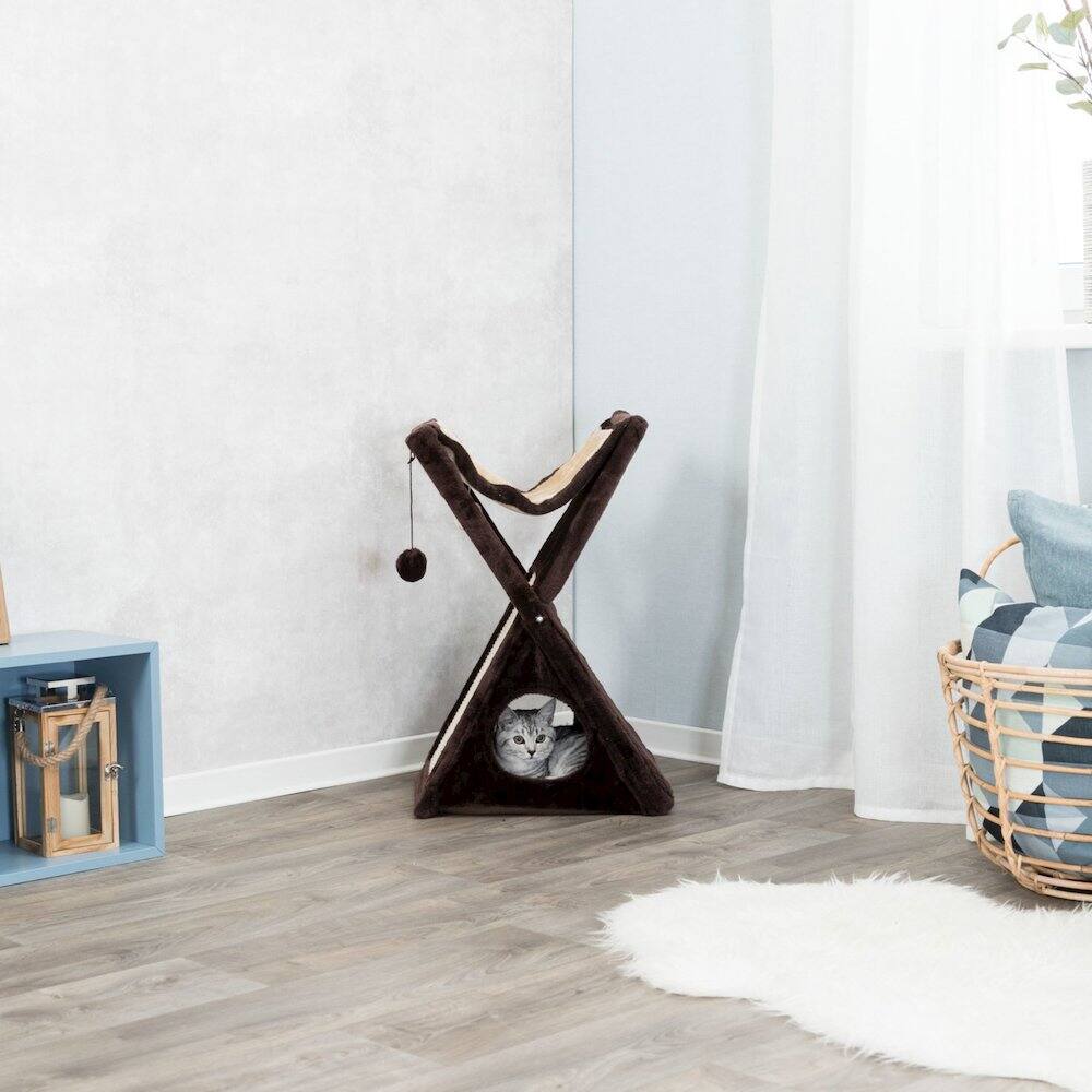 Angle. TRIXIE - Miguel Fold & Store Plush & Sisal Cat Tree, Hammock, Condo, Scratcher - Brown.