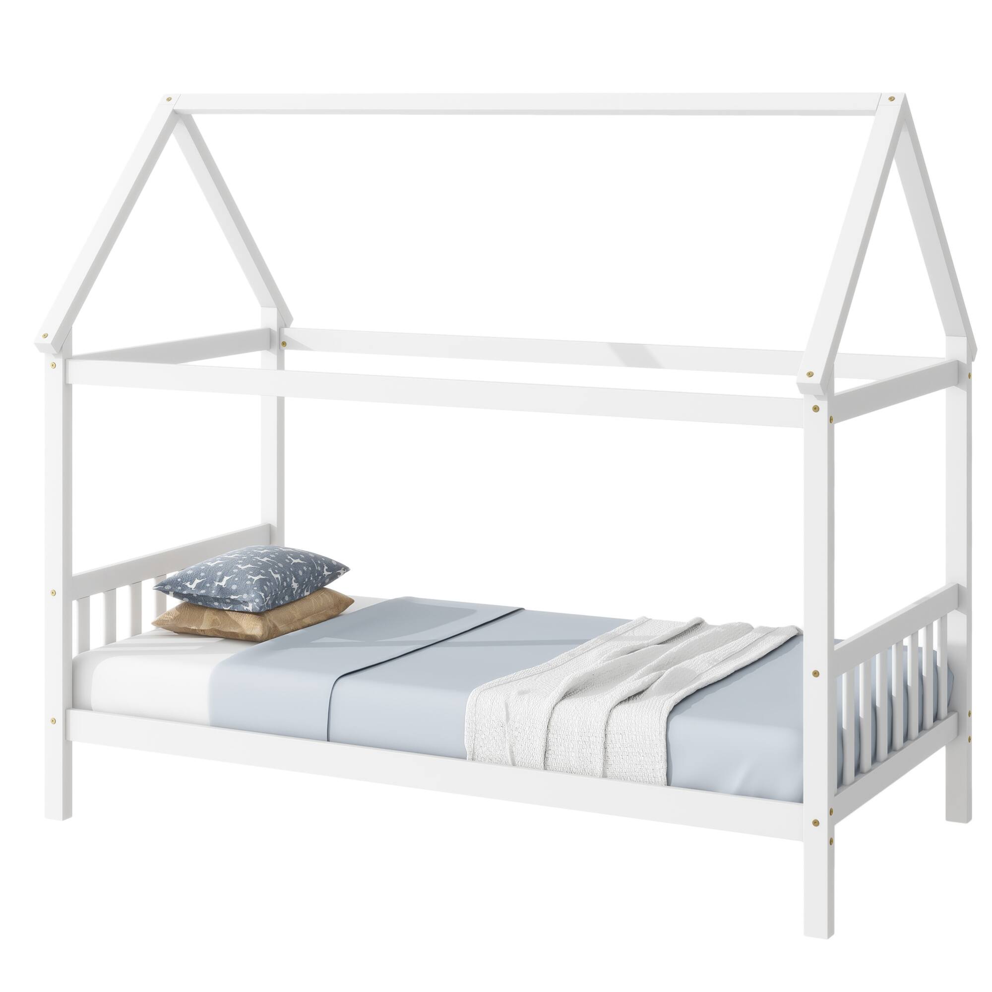 Alt View 8. GOODSILO - Twin Size House Frame Bed with Headboard and Footboard in Light Wood Finish - White.