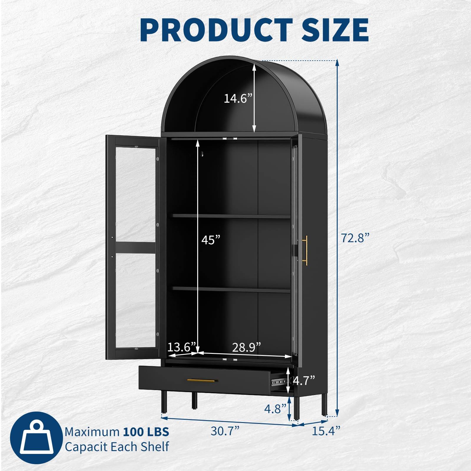 PRODUCT SIZE

- Height: 72.8"
- Width: 45"
- Depth: 14.6"
- Shelf Depth: 13.6"
- Shelf Width: 28.9"
- Shelf Height: 4.7"
- Base Width: 30.7"
- Base Depth: 15.4"
- Leg Width: 4.8"

Maximum 100 LBS Capacity Each Shelf
