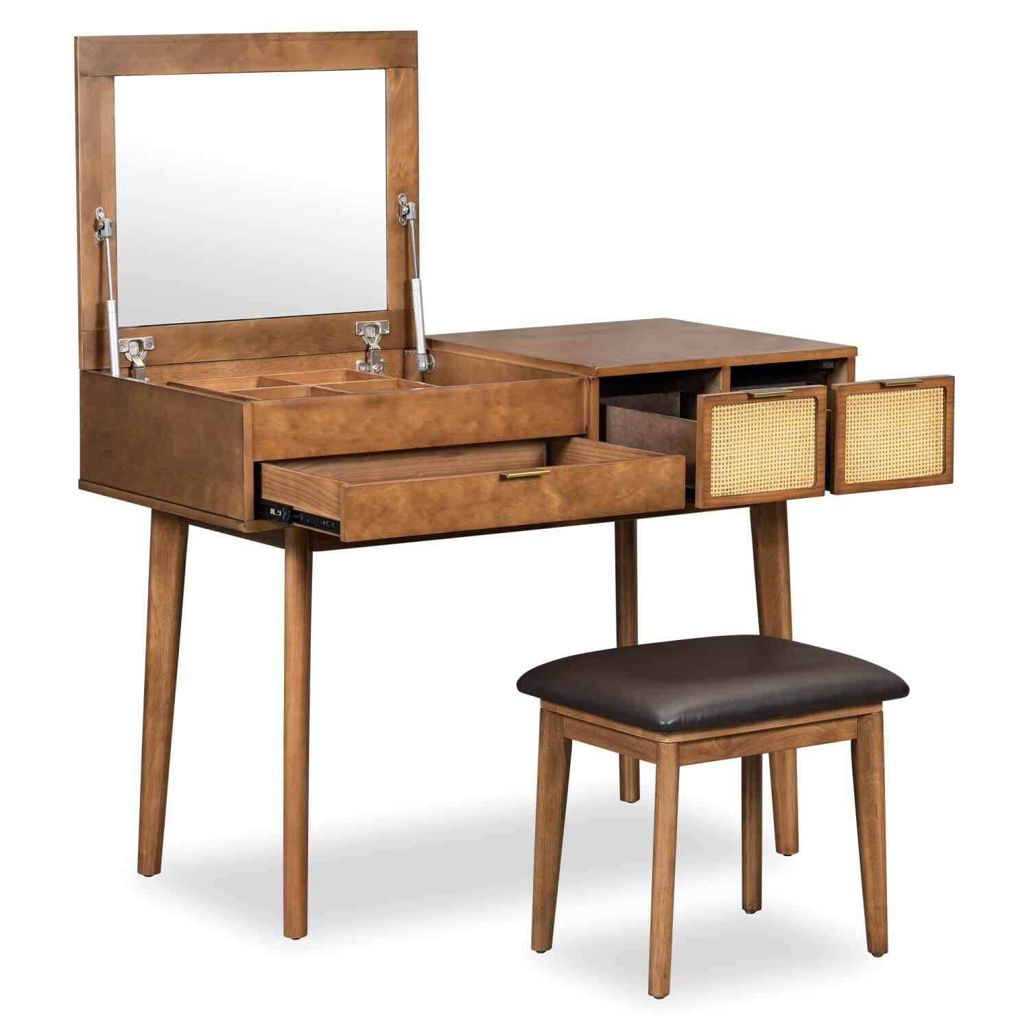 Angle. Lirago - Brown Wood Dressing Table with Mirror Drawers Stool  Dresser Desk for Makeup Storage 19.7”D x 43.3“ W x 31.7“ H - Brown.