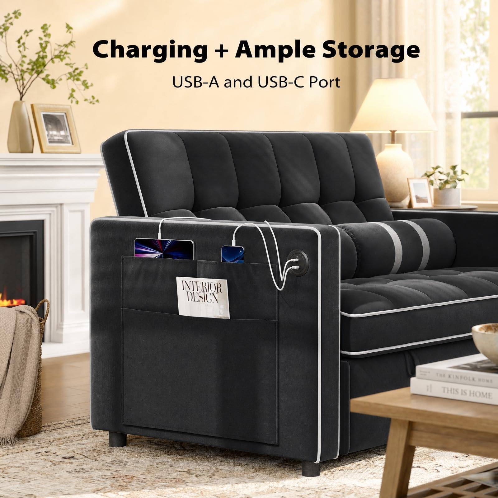 Charging + Ample Storage  
USB-A and USB-C Port  

INTERIOR DESIGN  
KINFOLK THIS IS HOME