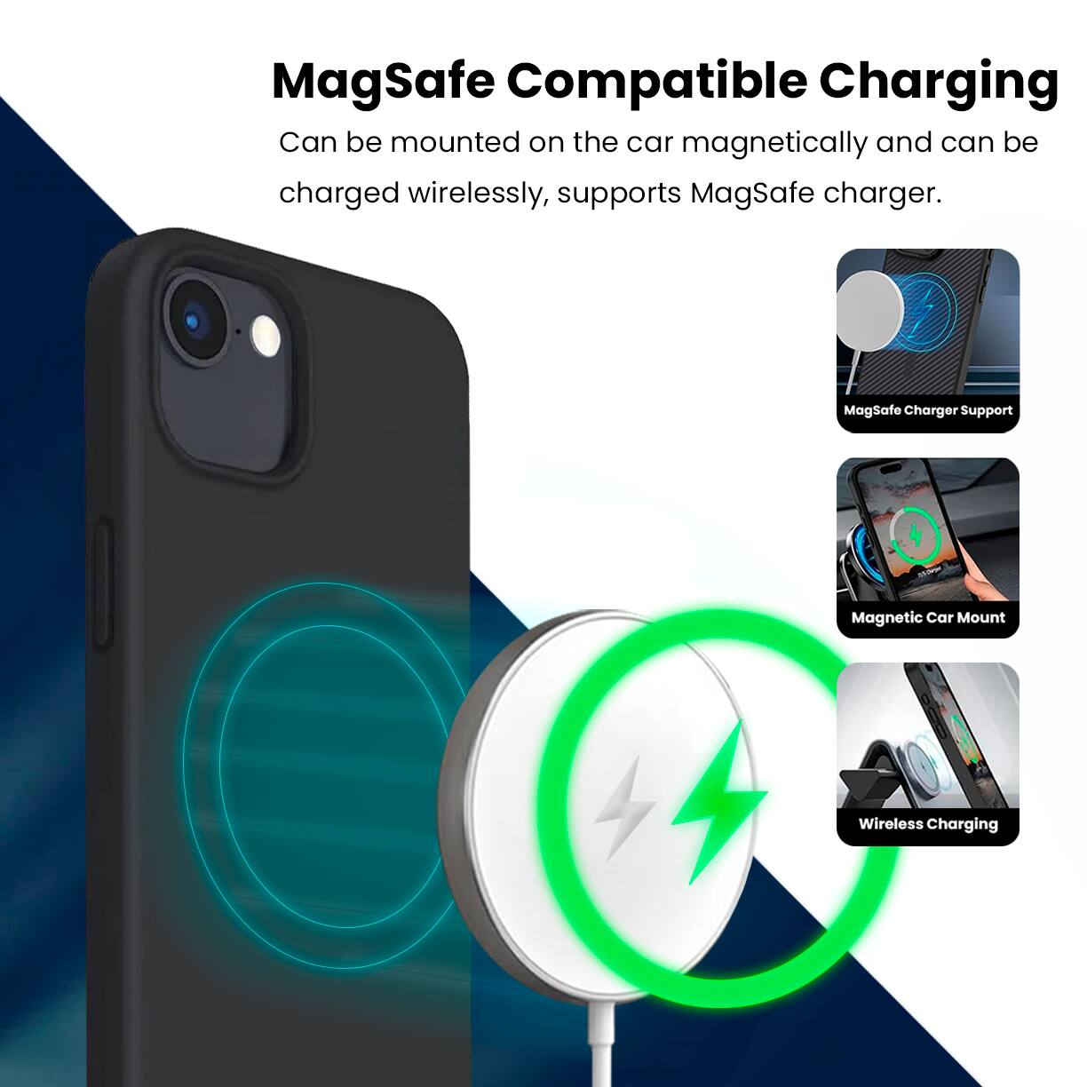 MagSafe Compatible Charging, Can be mounted on the car magnetically and can be charged wirelessly, supports Magsafe charger. MagSafe Charger Support, Magnetic Car Mount, Wireless Charging