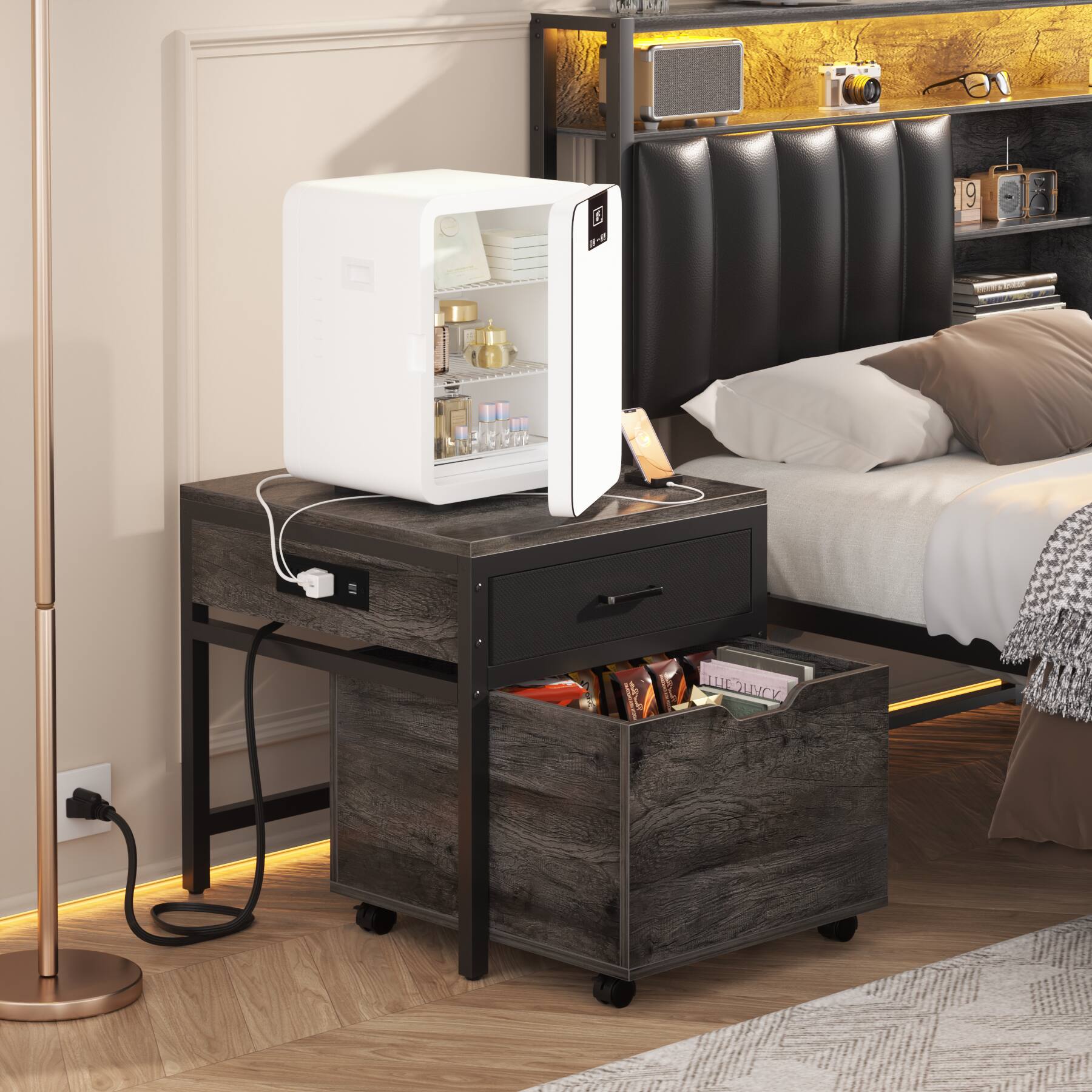 Left. Aheaplus - Rolling Mini Fridge & Microwave Stand with Drawer, Outlets - Heavy Duty for Dorm, Office & Apartment - Gray Oak.