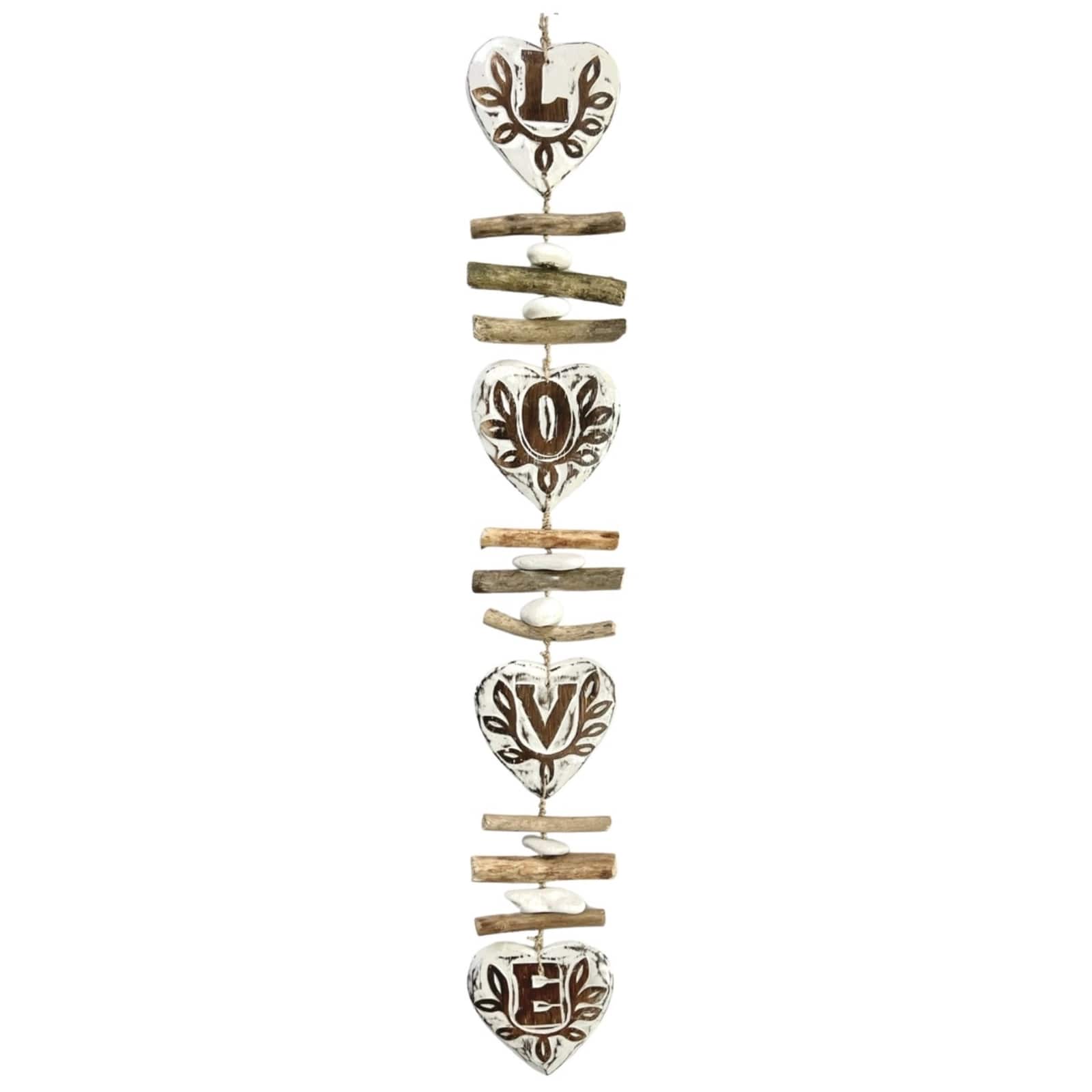 Bamboo Source Tropical Decor - Carved Wooden Love Hearts Hanging Strand Indoor Outdoor Beach Coastal Home Decor 37 inches Long - Multicolor