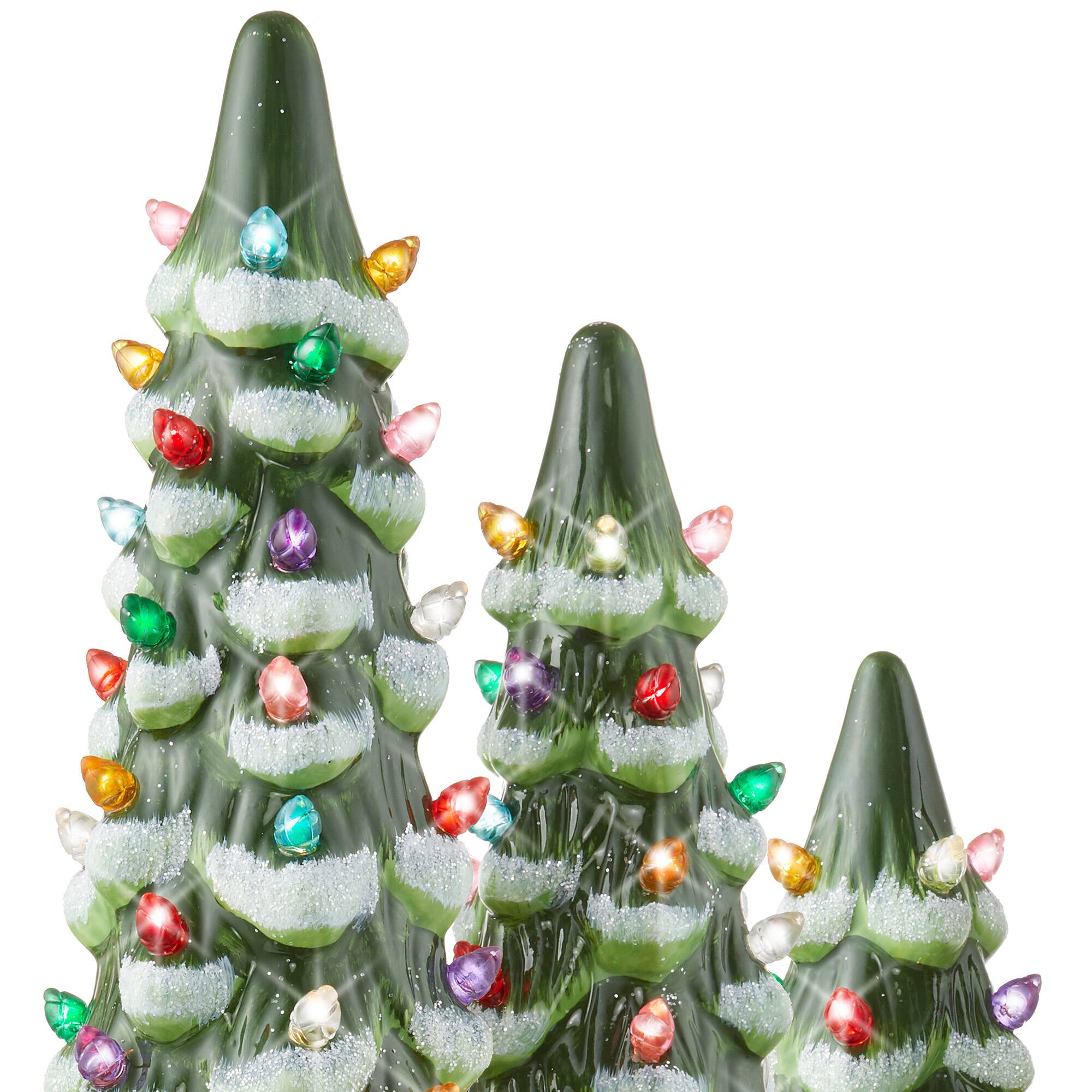 Alt View 4. Casafield - 3PC Set 8/10/12" Pre-Lit Ceramic Christmas Trees with Lights - Green Flocked w/ Multicolor.