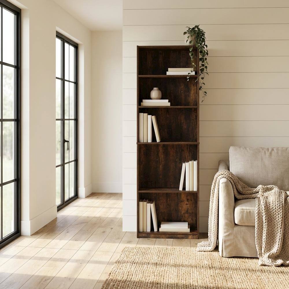 Left. FurniFact - 5-tier adjustable shelf bookcase with Engineered Wood construction - Amber Pine.