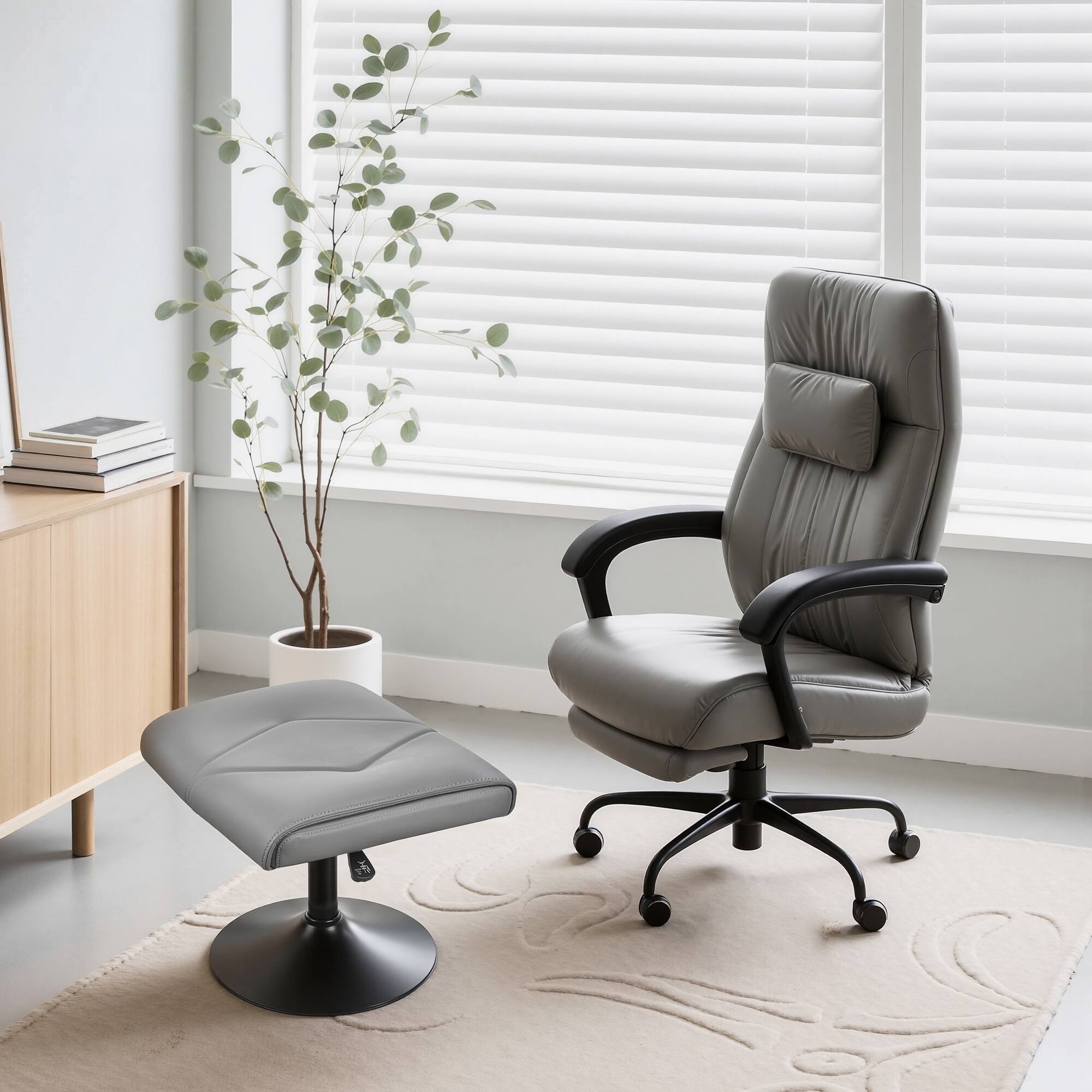 Alt View 5. Vecelo - Adjustable Foot Rest Under Desk with Pneumatic Lift, PU Leather Office Footrest Stool - Grey.