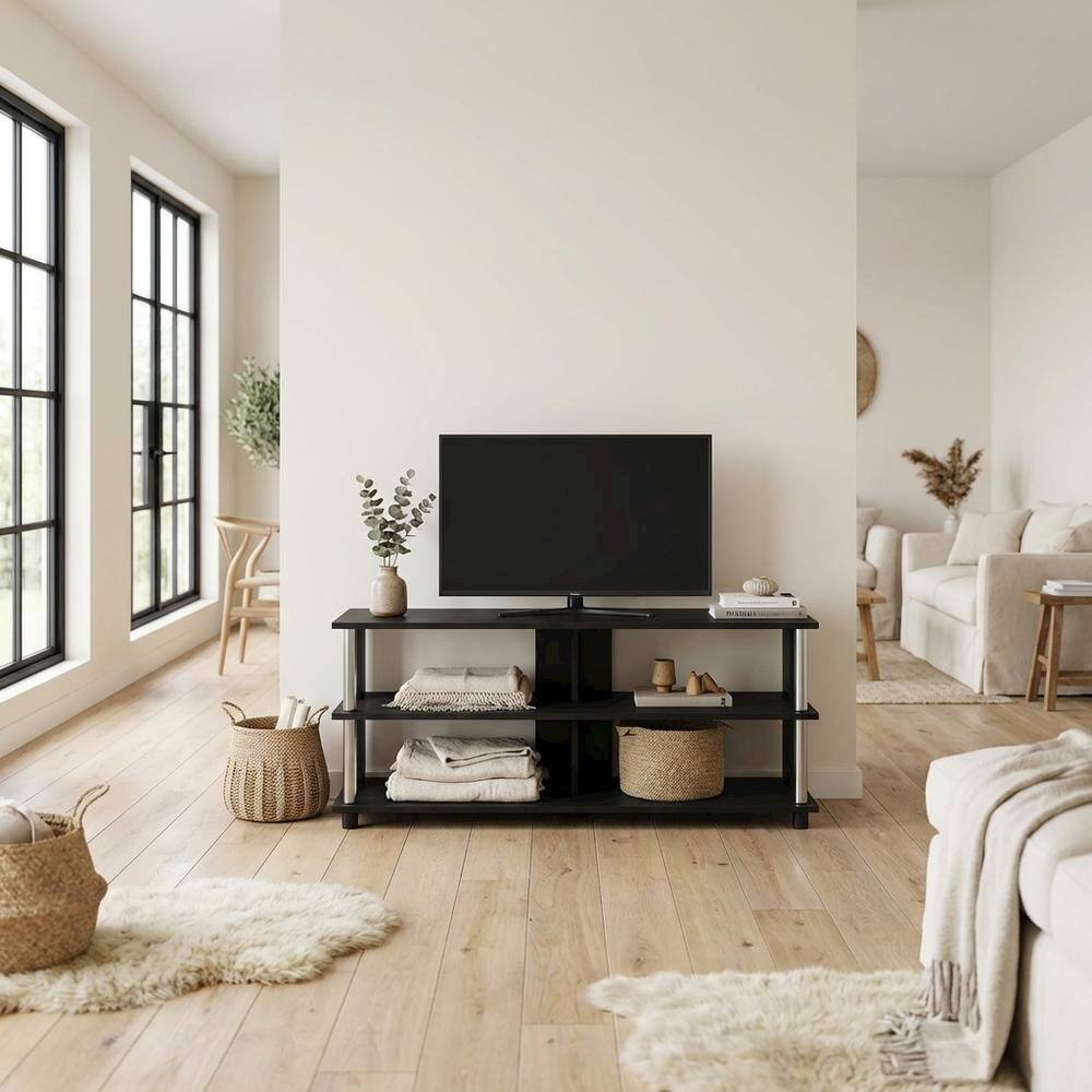 Alt View 2. FurniFact - Engineered Wood TV stand in Americano finish with stainless steel tubes - Black.