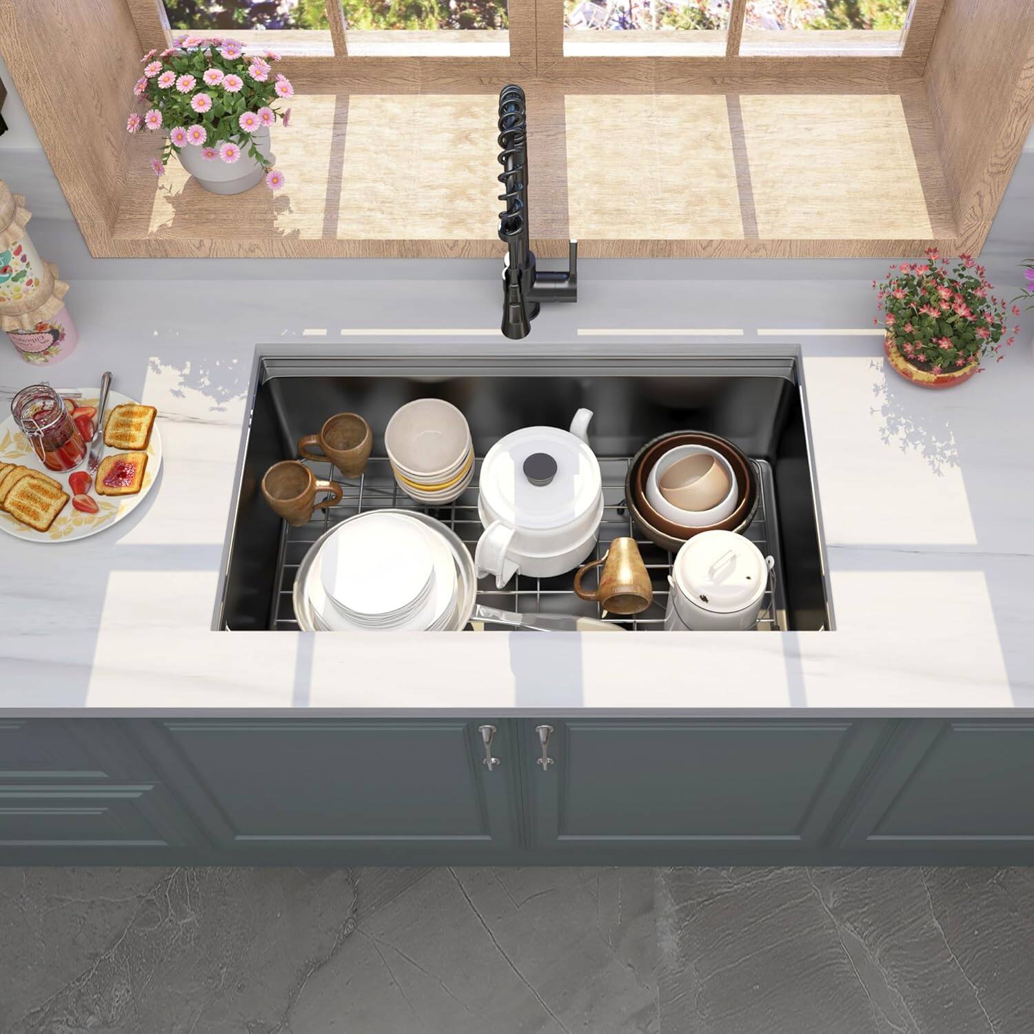 Alt View 1. APRILSOUL - 32 Gunmetal Black Undermount Workstation Kitchen Sink Handmade 10 Inch Deep With Accessories - Black.