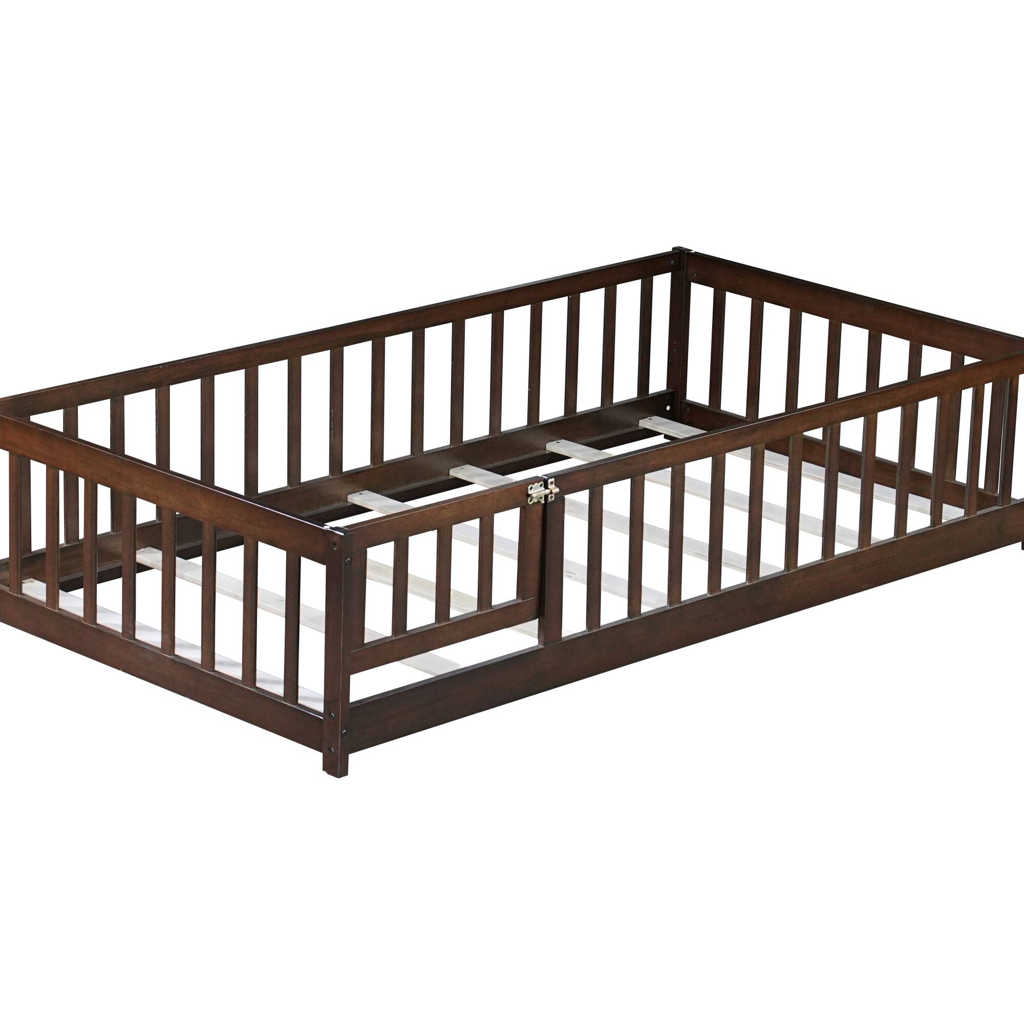 Alt View 4. GOODSILO - Twin Size Low-Profile Children's Floor Bed with Safety Guardrails and Entry Door, Natural Wood Finish - Espresso.