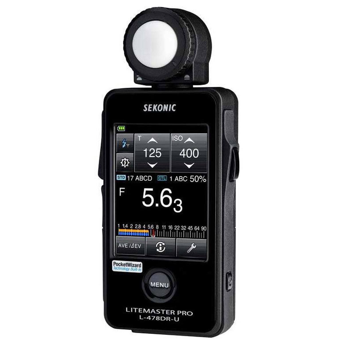 SEKONIC LITEMASTER PRO L-478DR-U

ISO 400

T 125

STD 17 ABCD

CTL 1 ABC 50%

F 5.63

1 14 2 28 4 5.6 8 11 16 22 32 45 64 90

AVE /EV

PocketWizard Technology Built-in

MENU