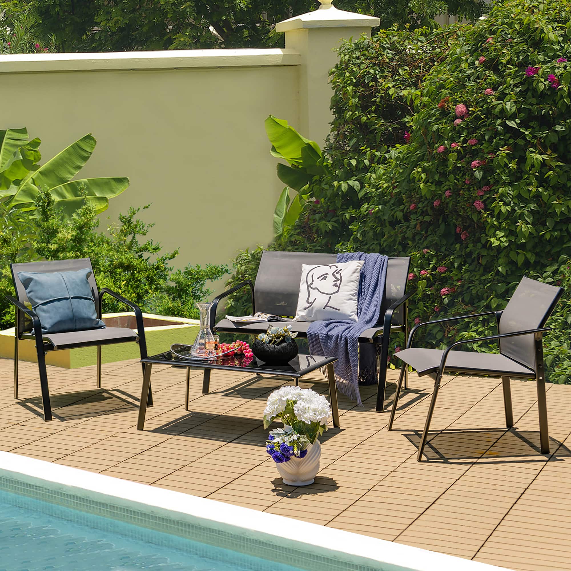 Gymax - 4PCS Patio Conversation Futniture Set w/ Fabric and Anti-Rust Steel Frame Grey - Gray price history on PriceWatchPro