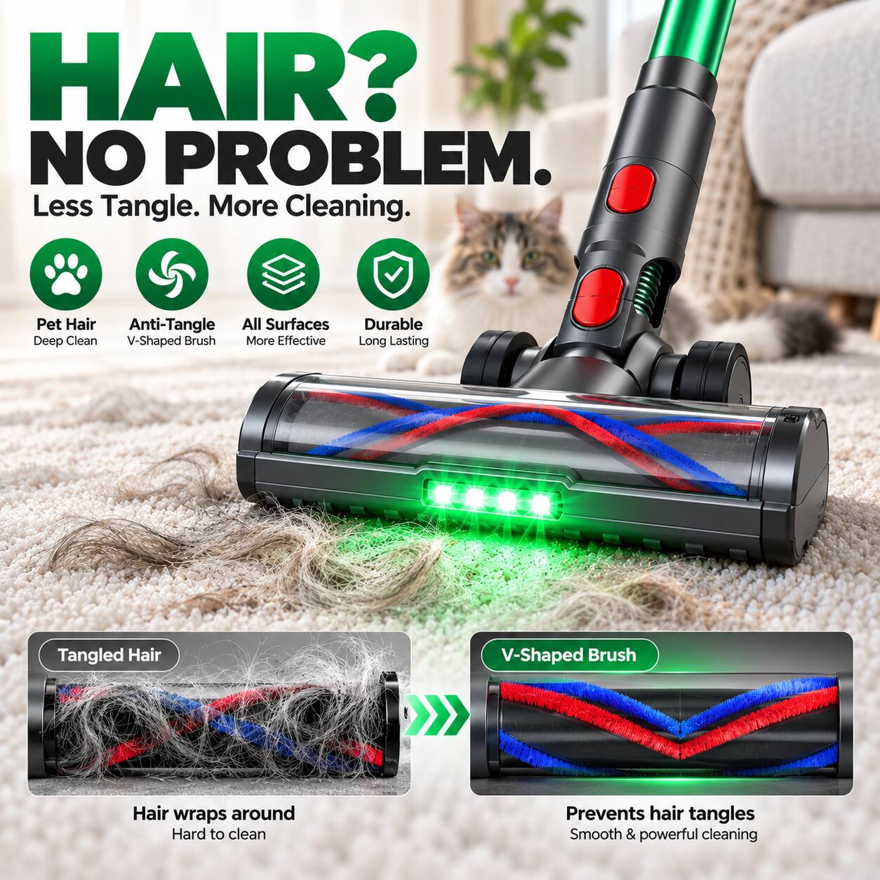 HAIR? NO PROBLEM.  
Less Tangle. More Cleaning.  

Pet Hair Anti-Tangle All Surfaces Durable Deep Clean V-Shaped Brush More Effective Long Lasting  

Tangled Hair  
Hair wraps around  
Hard to clean  

V-Shaped Brush  
Prevents hair tangles  
Smooth & powerful cleaning
