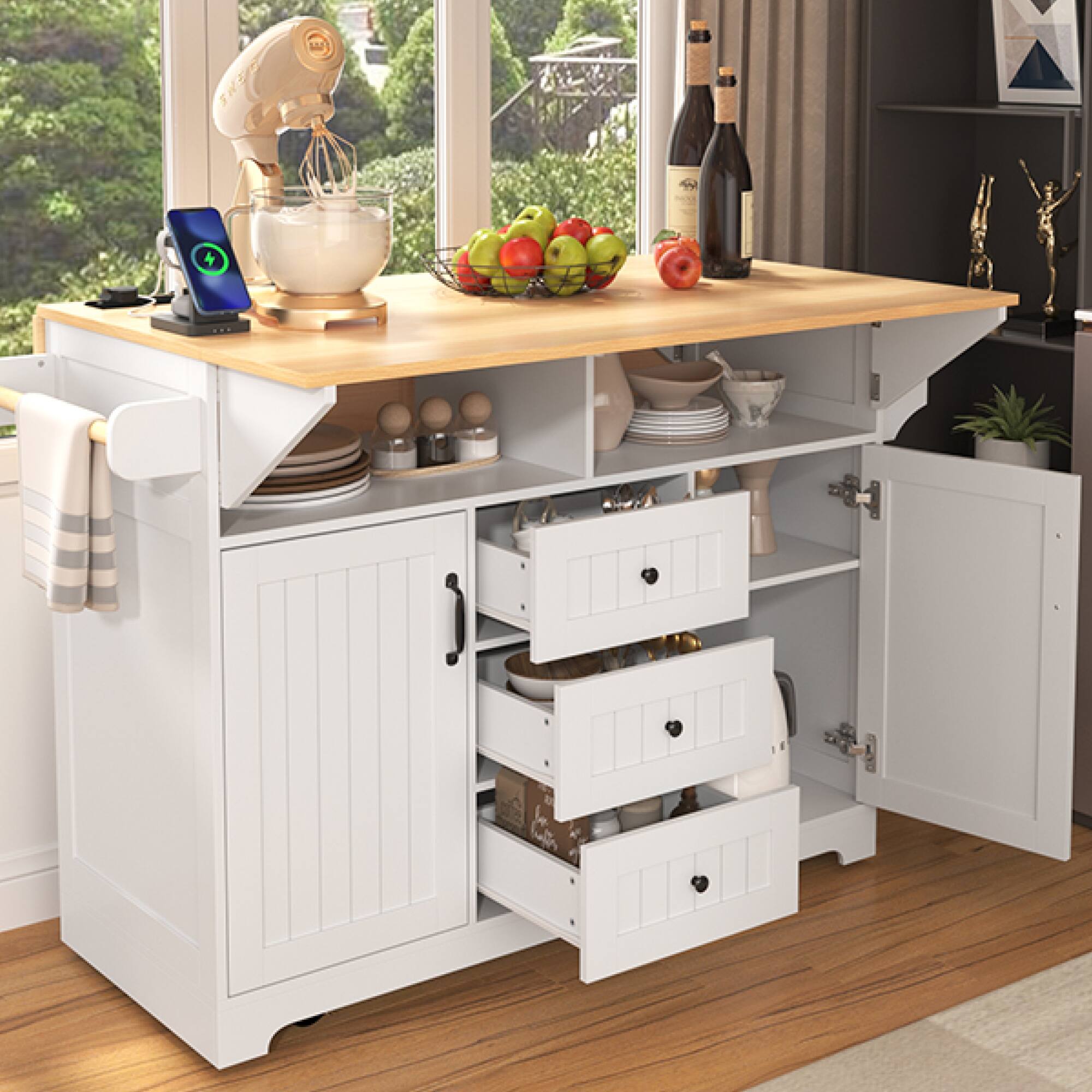 Alt View 8. ELEMENT ACE - Multifunctional Kitchen Island Cart with Drop Leaf Extensions, Power Outlets, and Ample Storage for Modern Kitchens - White.