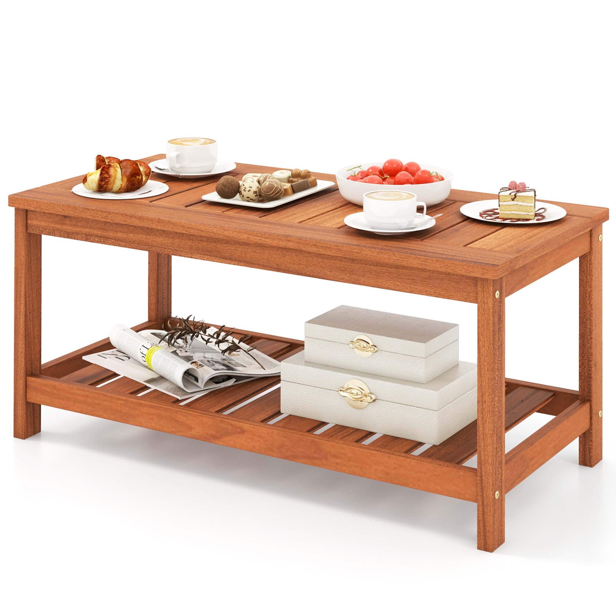 Costway - Patio Coffee Table 2-Tier Outdoor Side Rectangle Side Table Solid Wood Porch - Natural