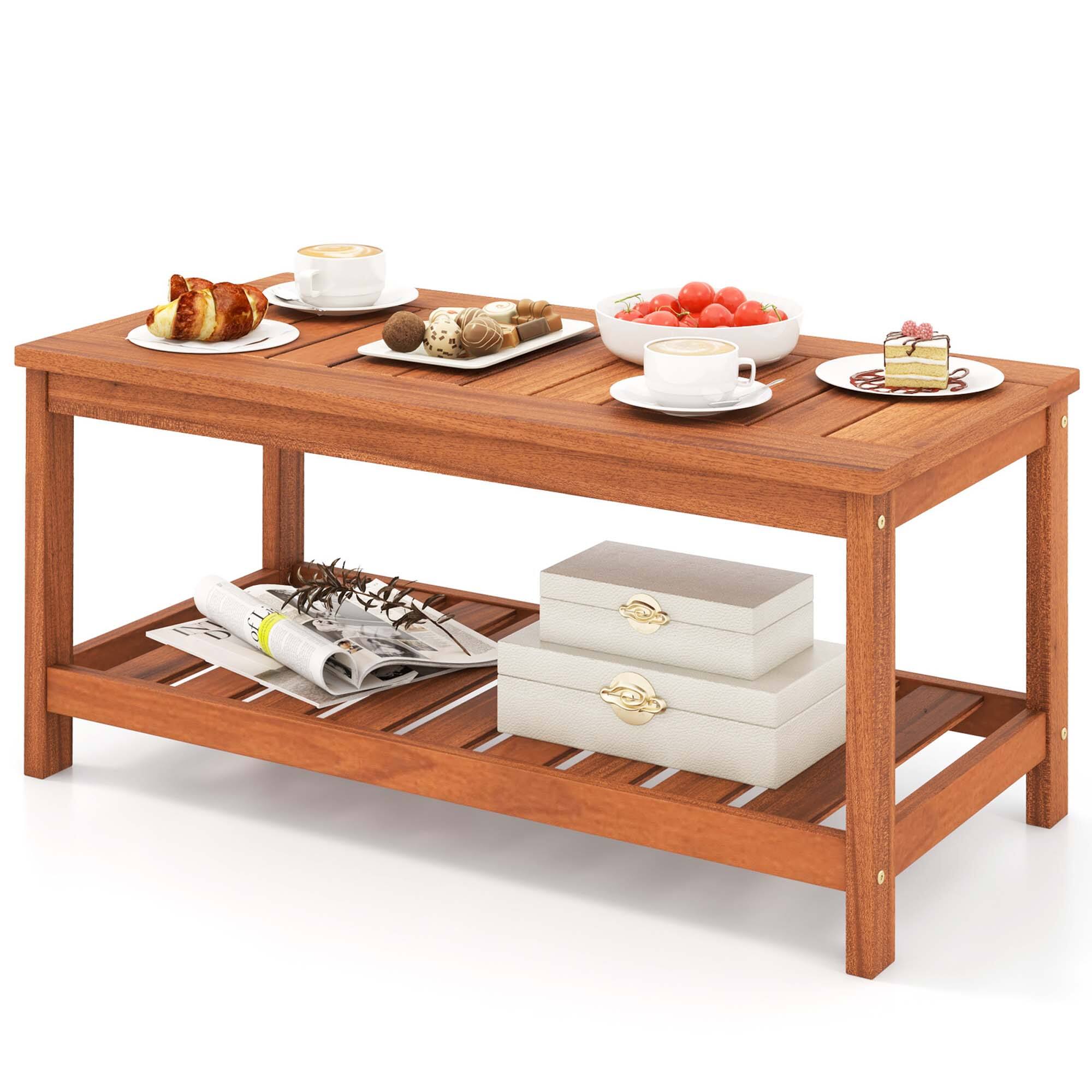 Front. Costway - Costway Patio Coffee Table 2-Tier Outdoor Side Rectangle Side Table Solid Wood Porch - Natural.