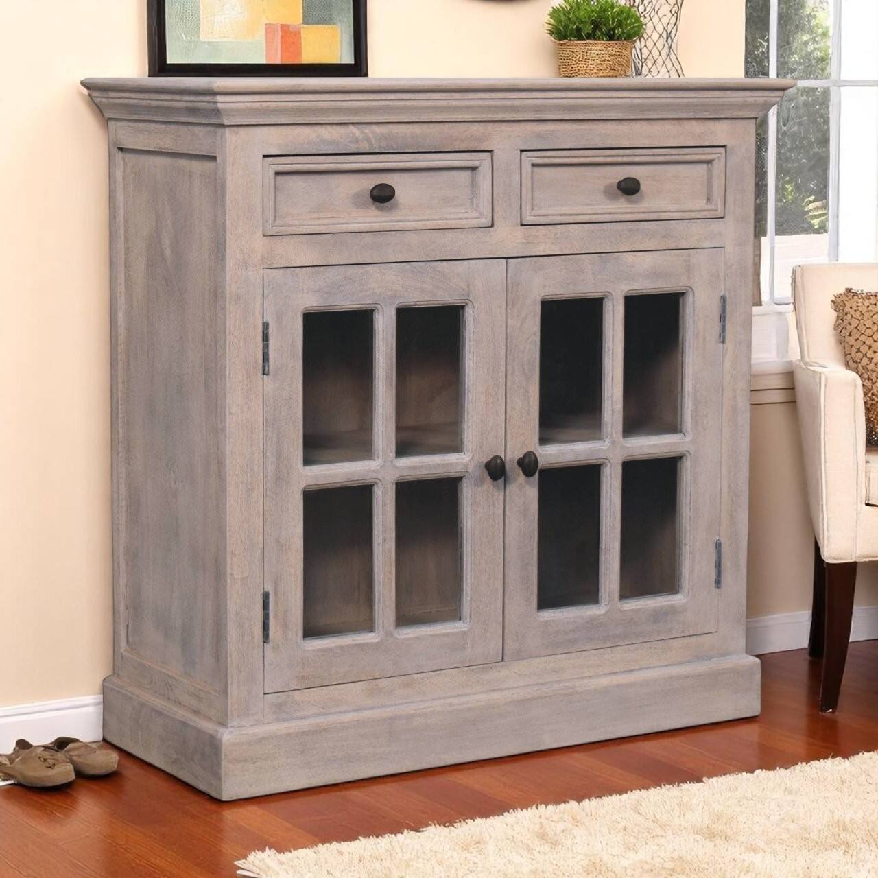 Alt View 2. Artisan Furniture - Stone Finish Cabinet with Glazed Doors - Grey.