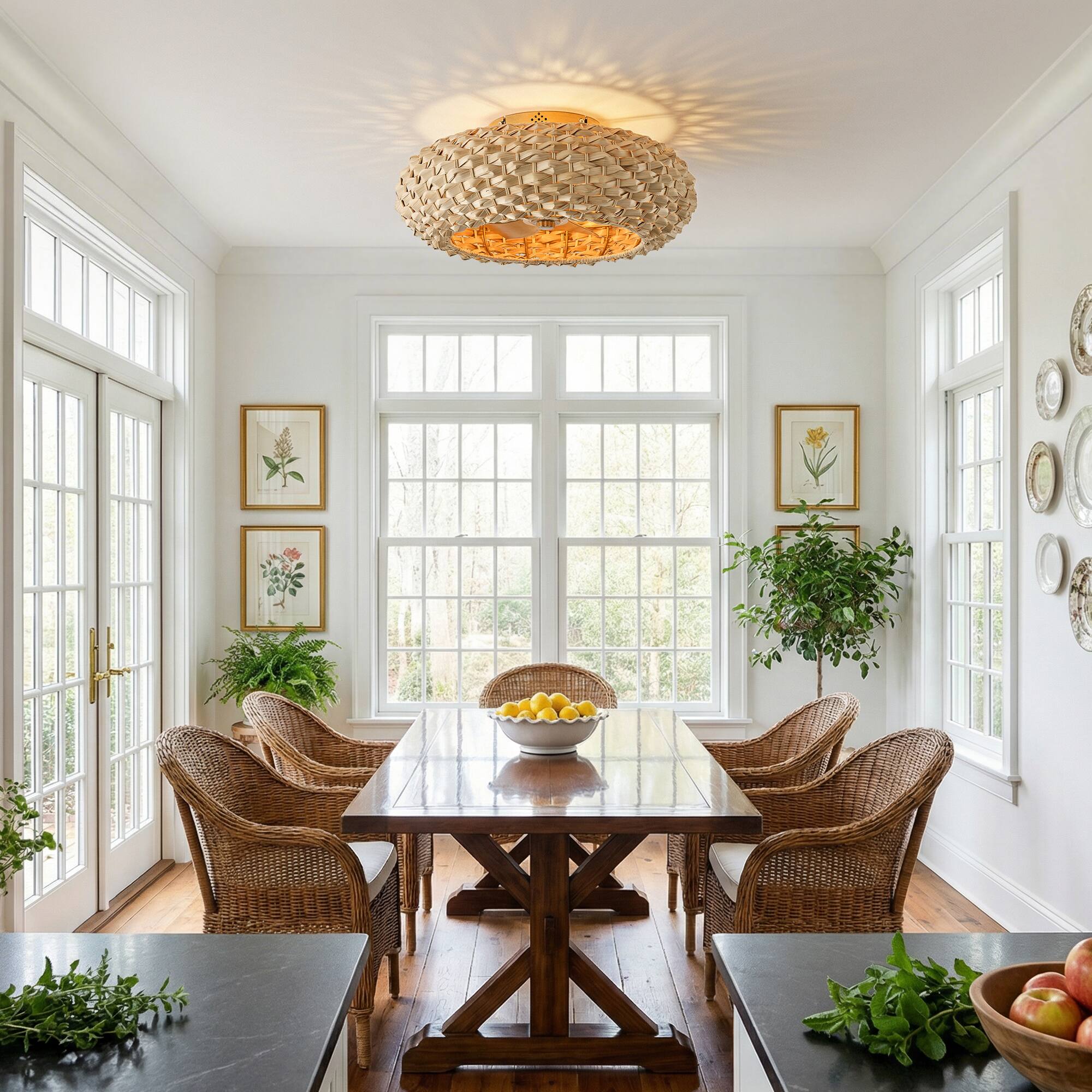 Left. Vaczon - 20" Ceiling Fan with Light and Remote, Flush Mount Low Profile Rattan Ceiling Fan, 6-Speed, Woven Bamboo Shade - Natural Bamboo / Gold.