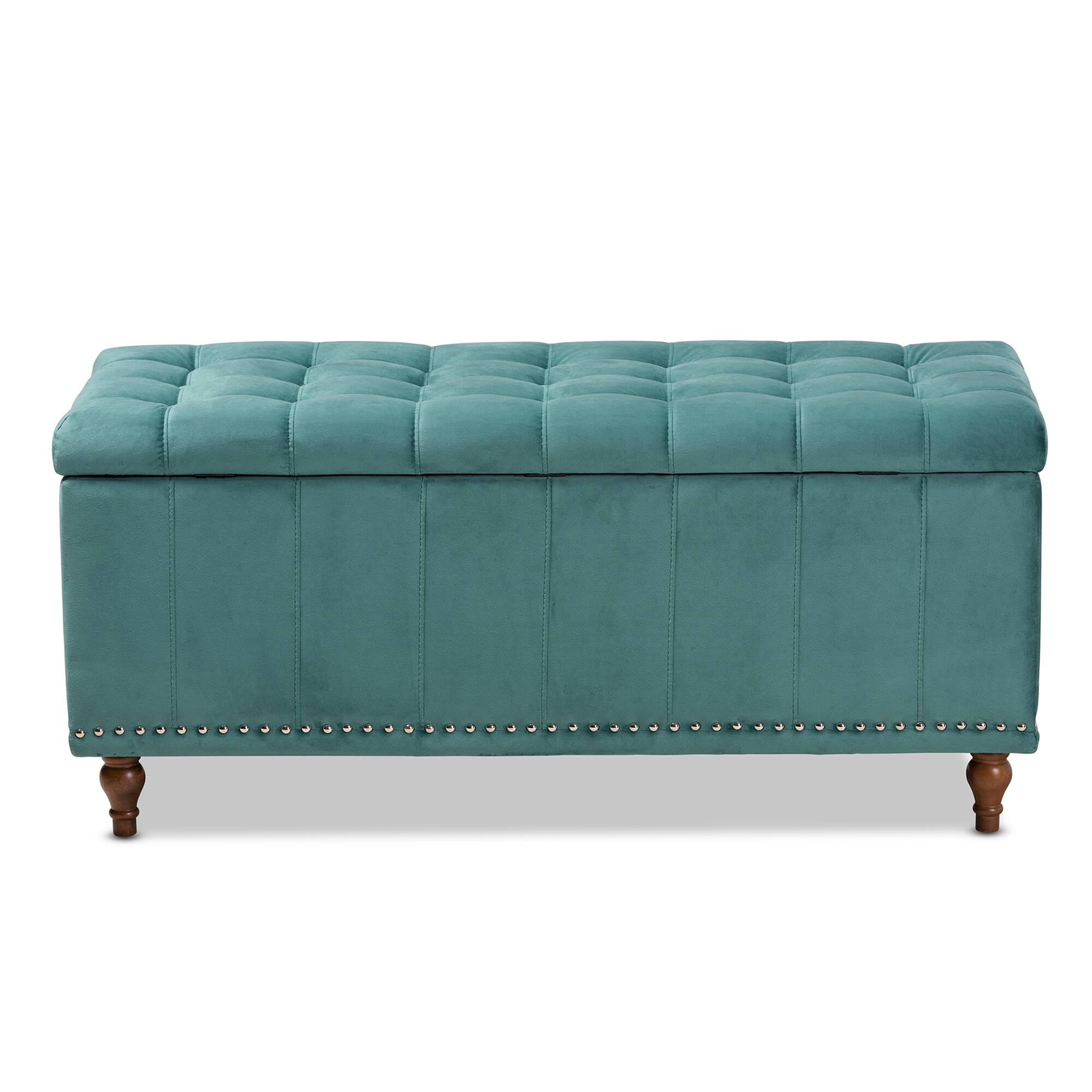 Alt View 1. Baxton Studio - Kaylee Modern and Contemporary Velvet Fabric Upholstered Button-Tufted Storage Ottoman Bench - Teal Blue/Brown.