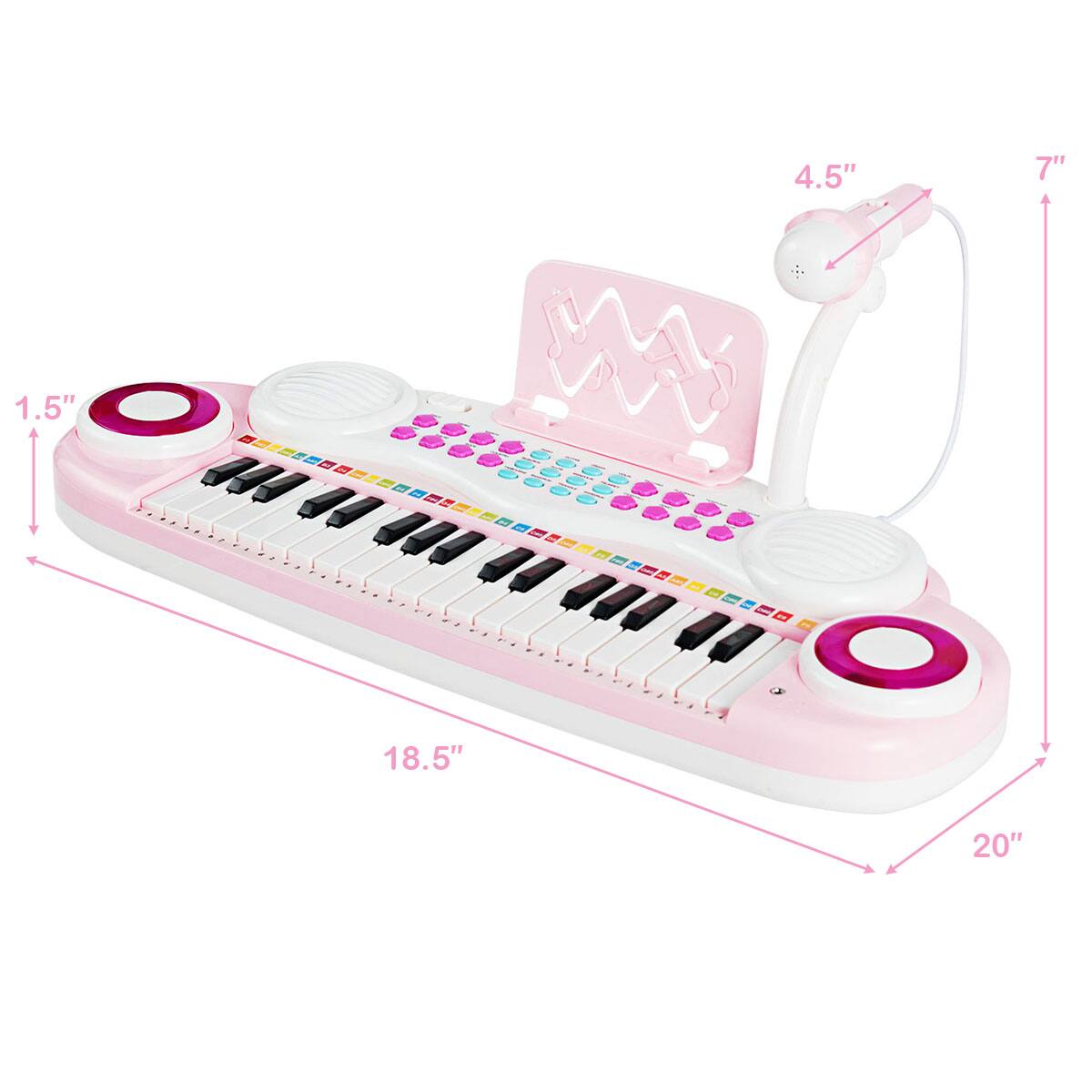 The text on the image reads: 4.5" 7" 1.5" 9 18.5" 20". This indicates that the toy keyboard is 4.5 inches long, 7 inches wide, 1.5 inches tall, and 9 inches deep. Additionally, the keyboard is 18.5 inches long and 20 inches wide.