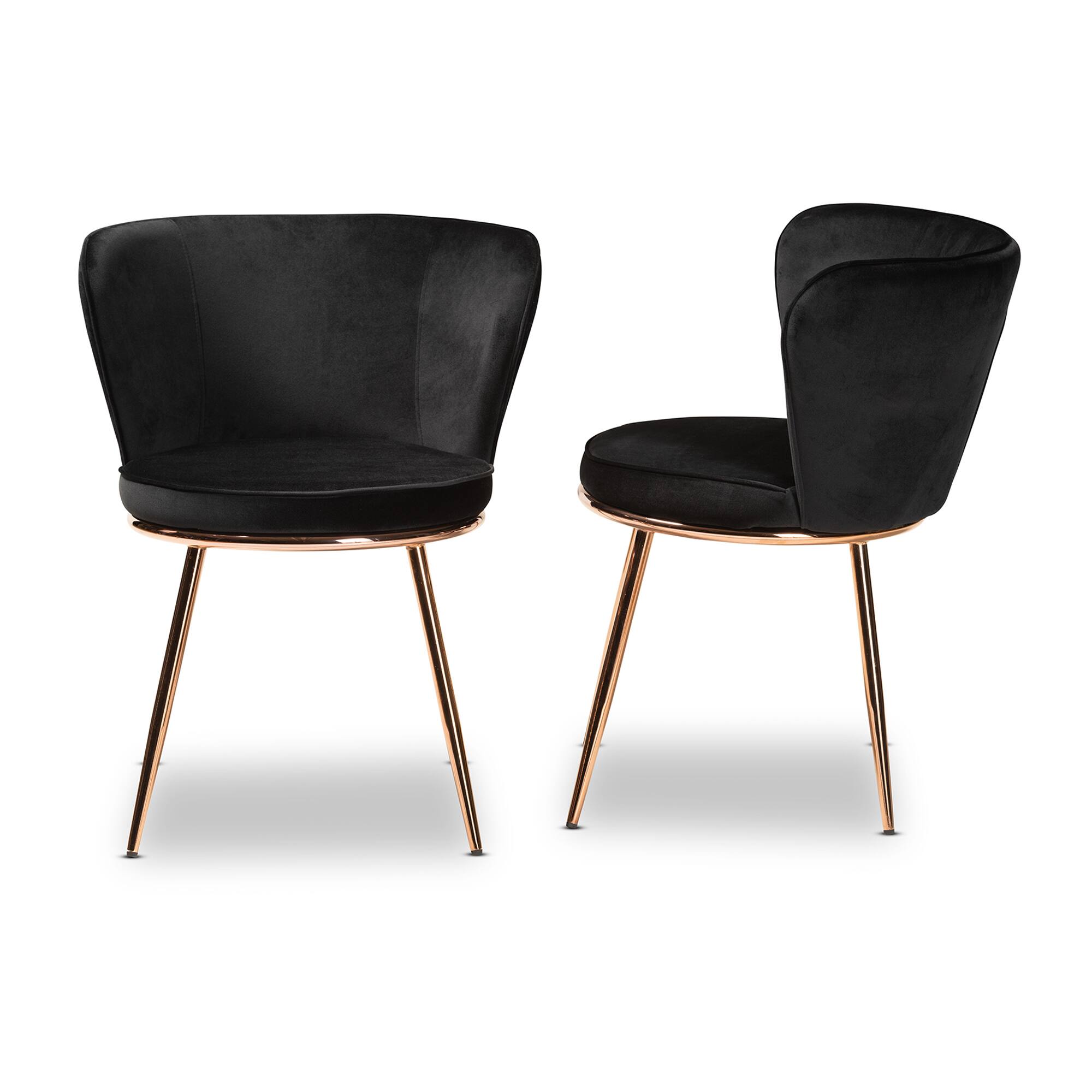 Left. Baxton Studio - Farah Modern Glam Velvet Fabric Upholstered and Rose Gold Finished Metal 2-Piece Dining Chair Set - Black/Rose Gold.