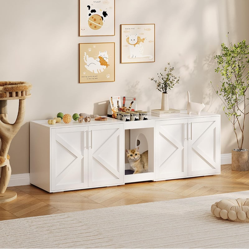 GARVEE - Modern Wooden Hidden Double Litter Box Enclosure Furniture with Soft Cushion ,Cat Washroom - White