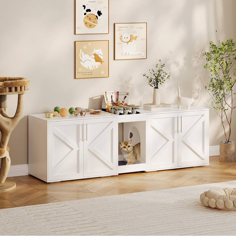 Front. GARVEE - Modern Wooden Hidden Double Litter Box Enclosure Furniture with Soft Cushion ,Cat Washroom - White.