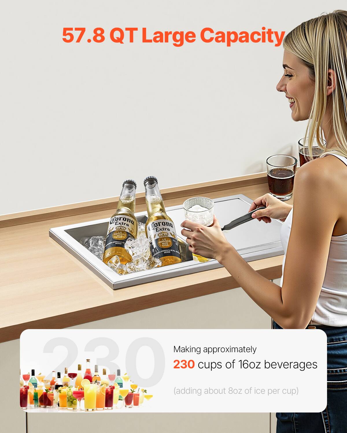 57.8 QT Large Capacity

Making approximately 230 cups of 16oz beverages (adding about 8oz of ice per cup)