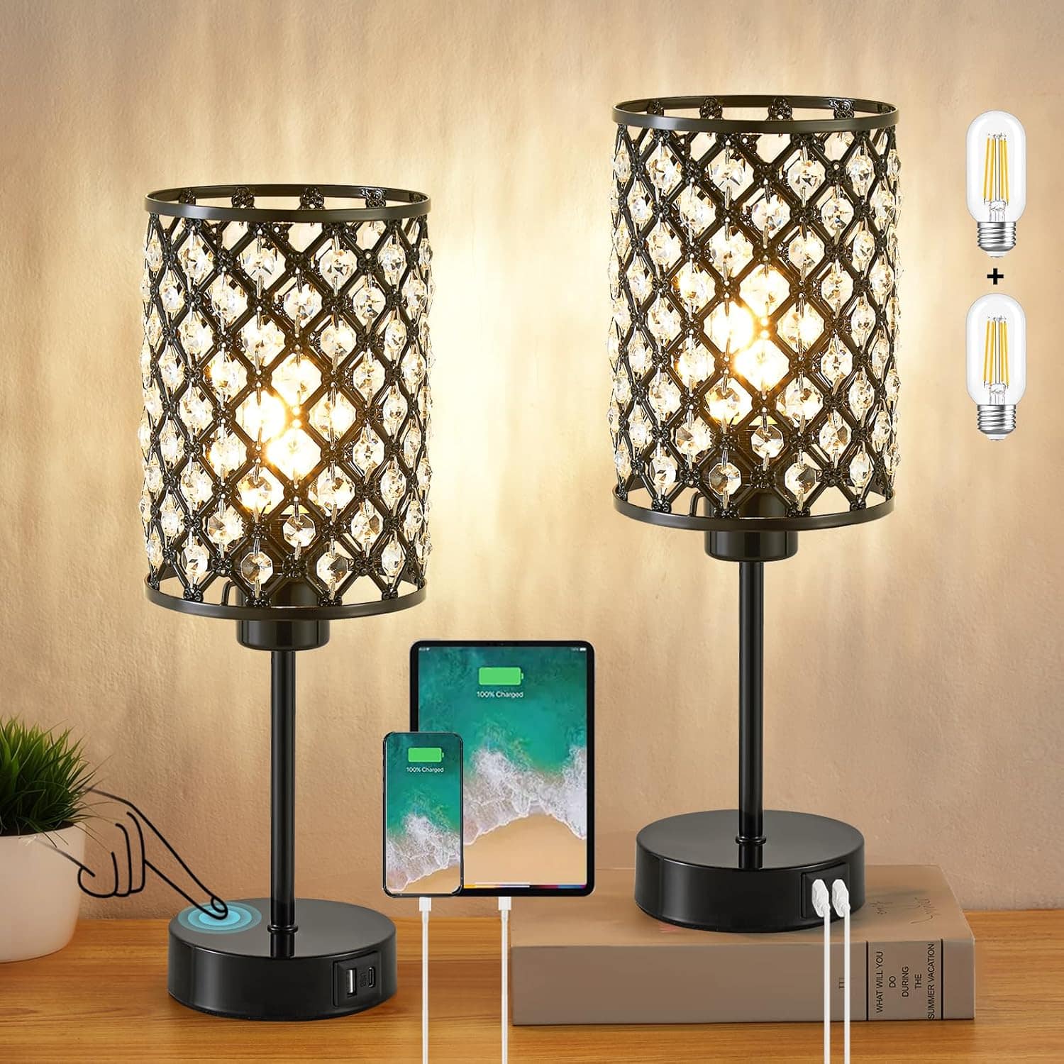Stamp n Camp - Crystal Table Lamp Touch Lamp for Nightstand with USB C+A Ports 3 Way Dimmable Lamp with Crystal Shade Bedside Lamp - Black-2-14.75"
